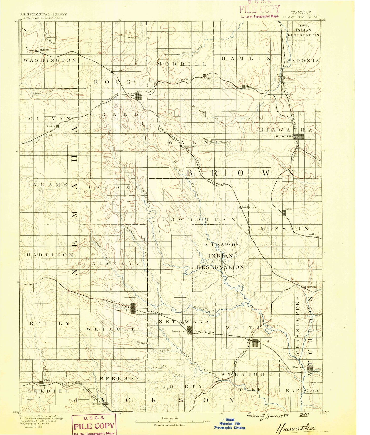 Historic 1888 Hiawatha Kansas 30'x30' Topo Map Image