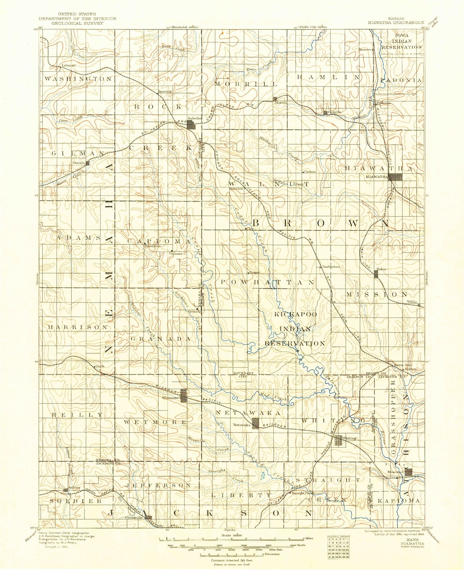 Historic 1894 Hiawatha Kansas 30'x30' Topo Map Image
