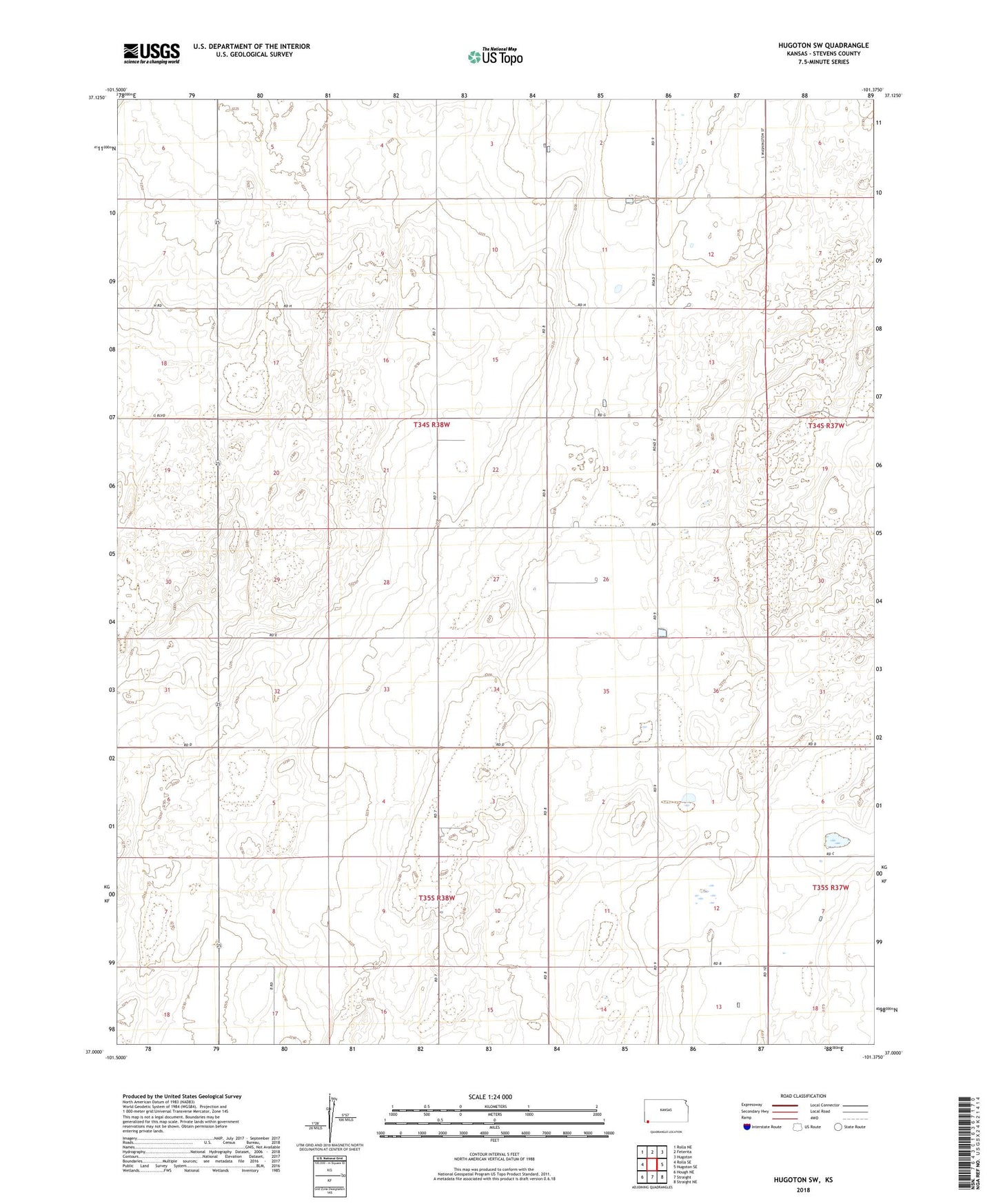 Hugoton SW Kansas US Topo Map Image