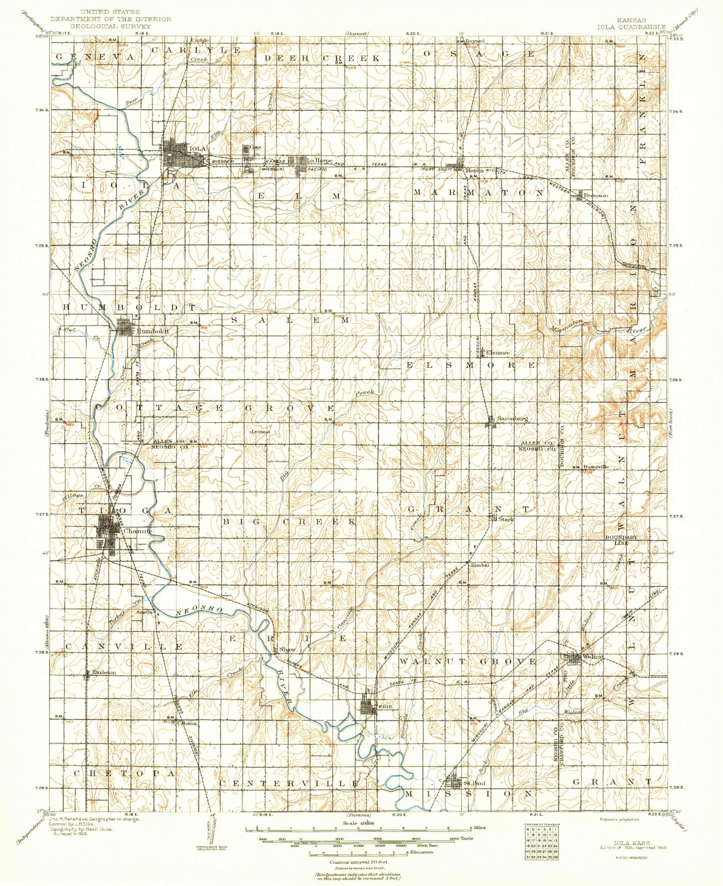 Historic 1904 Iola Kansas 30'x30' Topo Map Image