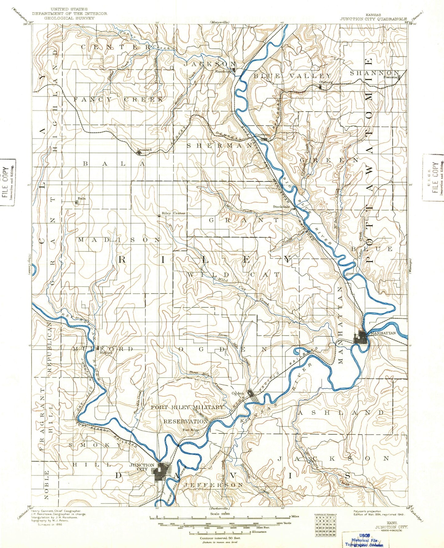 Historic 1894 Junction City Kansas 30'x30' Topo Map Image