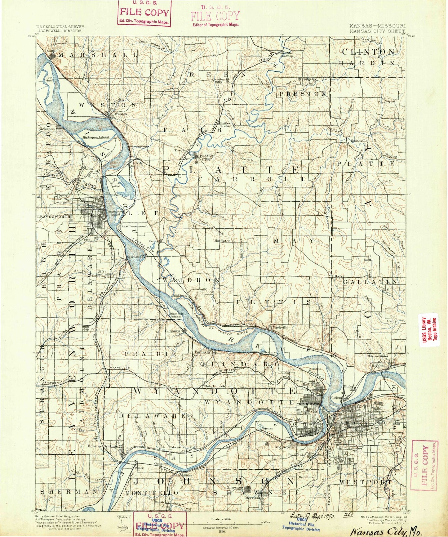 Historic 1890 Kansas City Missouri 30'x30' Topo Map Image