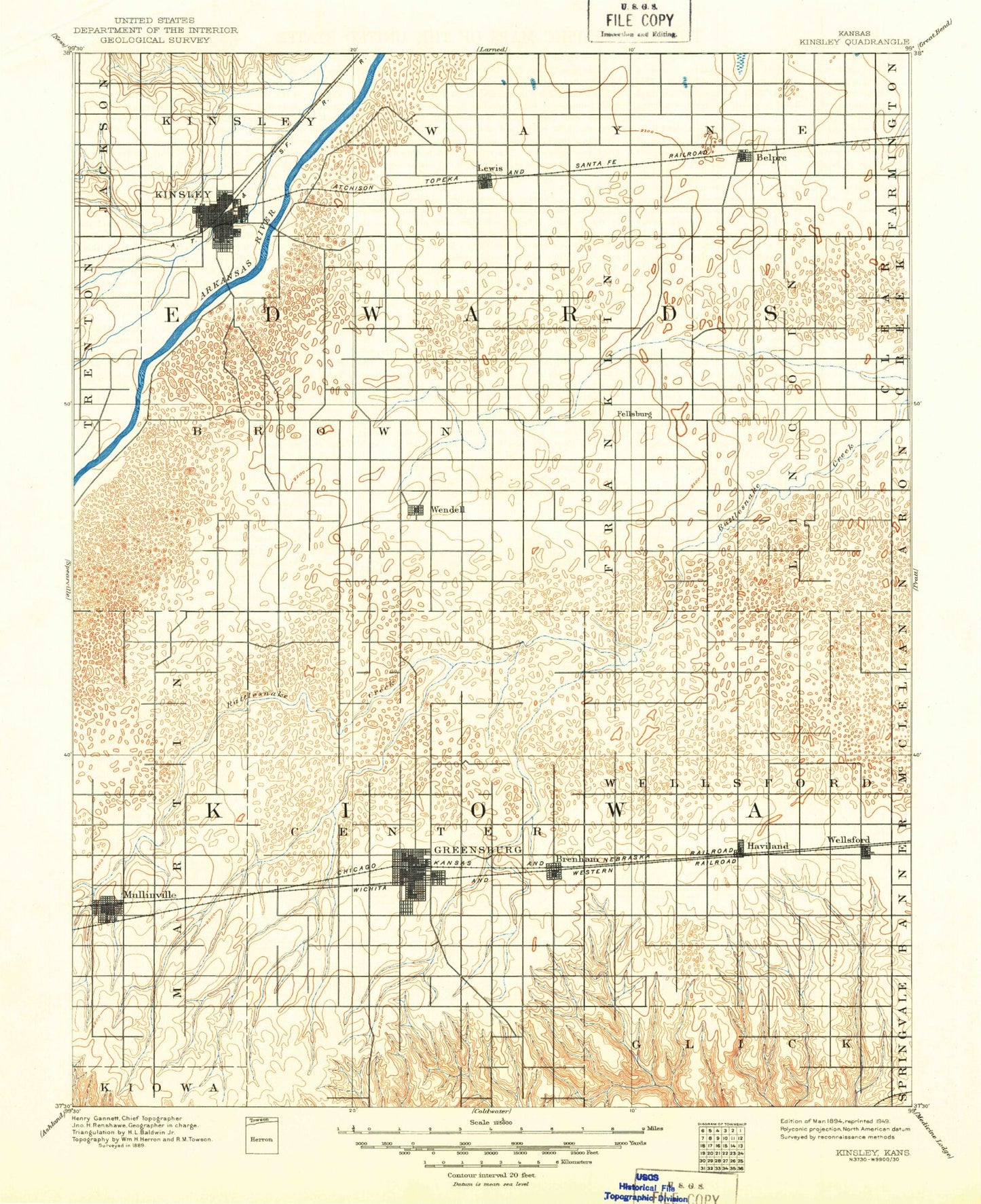 Historic 1894 Kinsley Kansas 30'x30' Topo Map Image