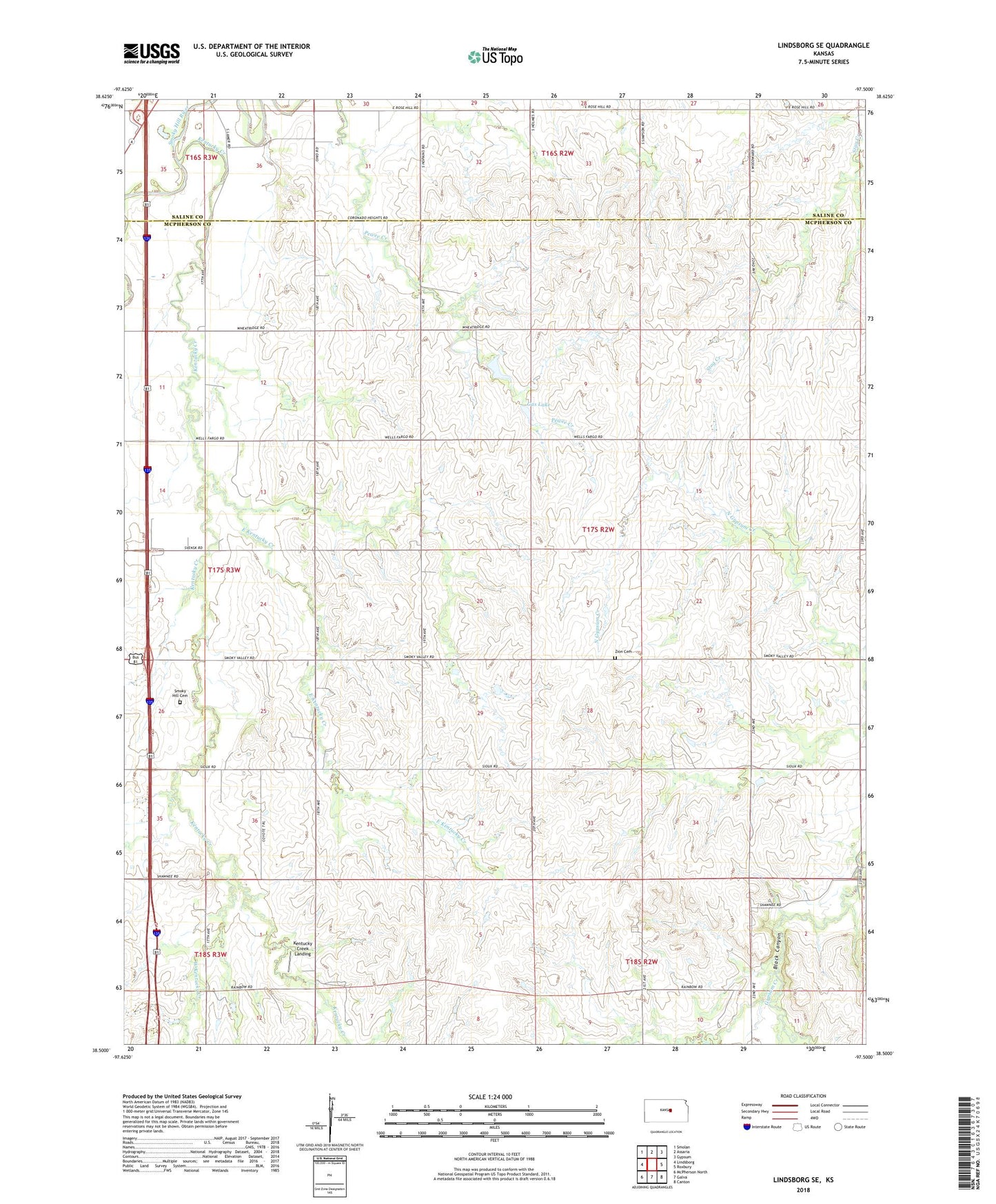 Lindsborg SE Kansas US Topo Map Image