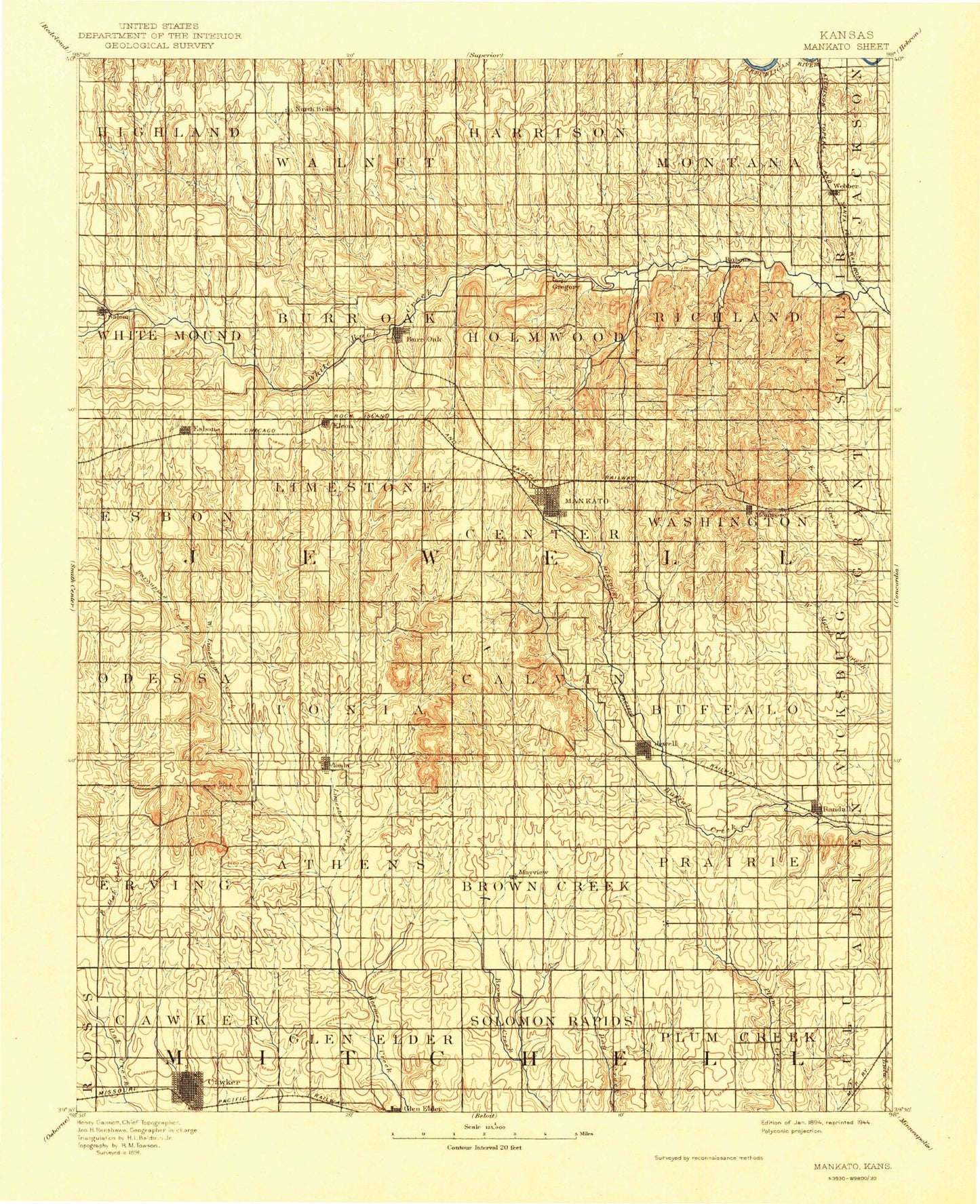 Historic 1894 Mankato Kansas 30'x30' Topo Map Image