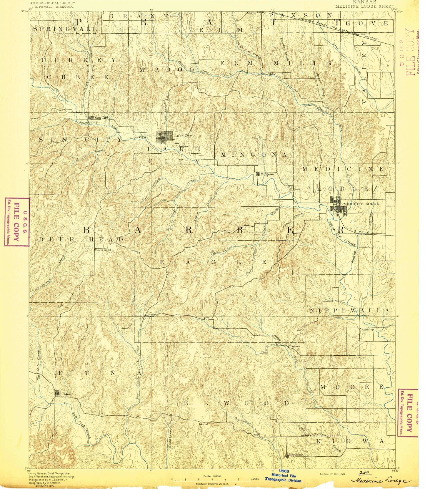 Historic 1891 Medicine Lodge Kansas 30'x30' Topo Map Image