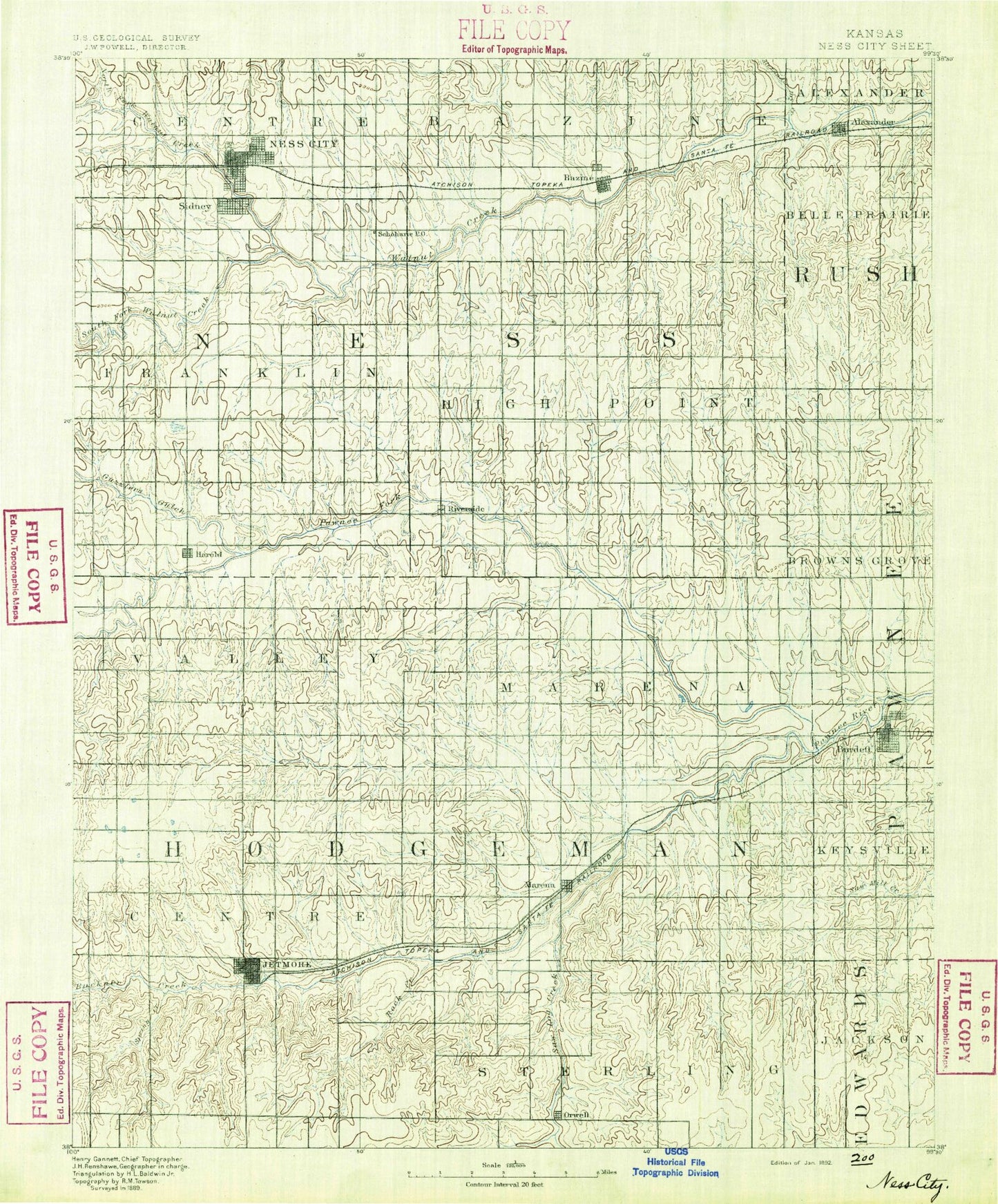 Historic 1892 Ness Kansas 30'x30' Topo Map Image