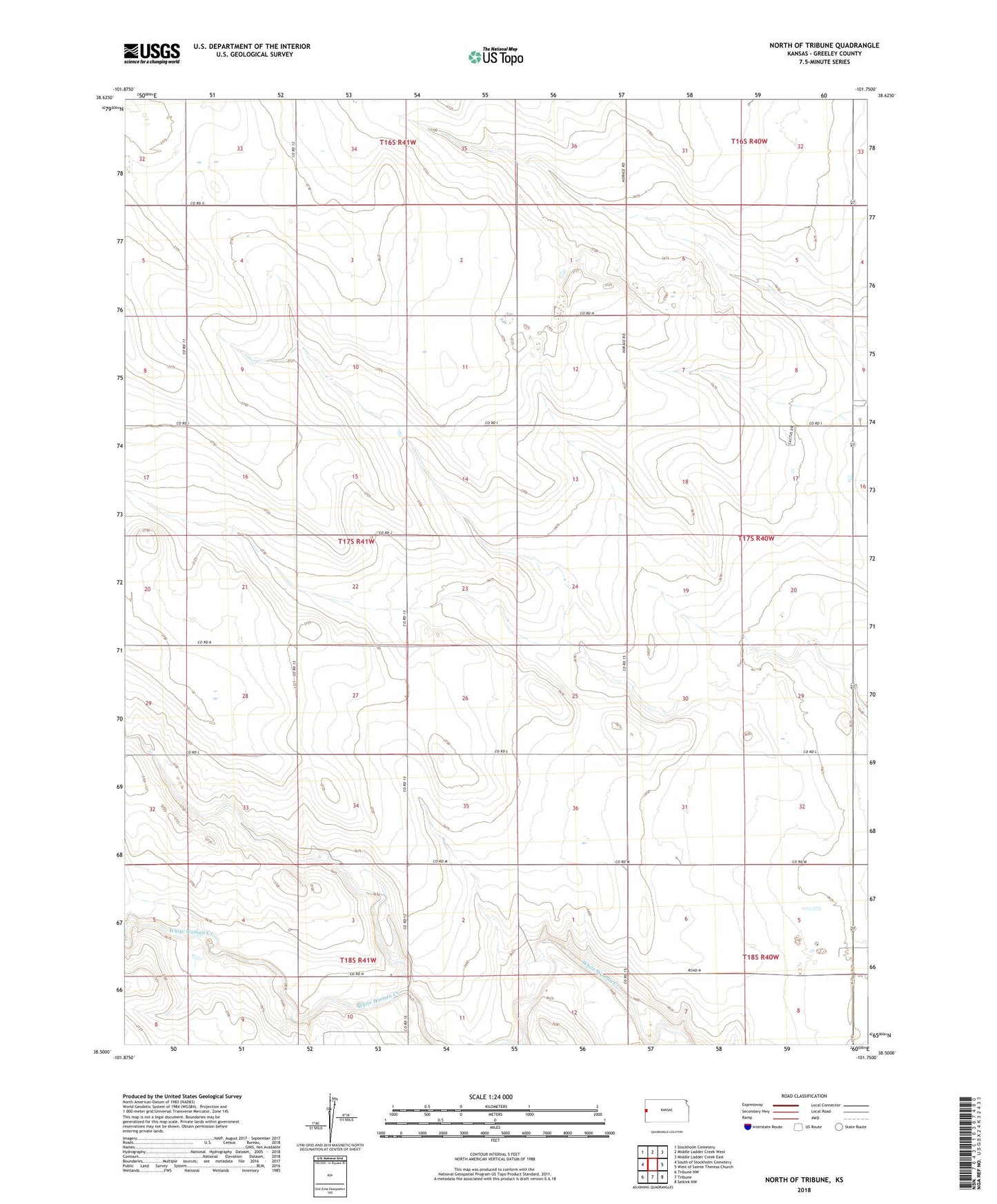 North of Tribune Kansas US Topo Map Image