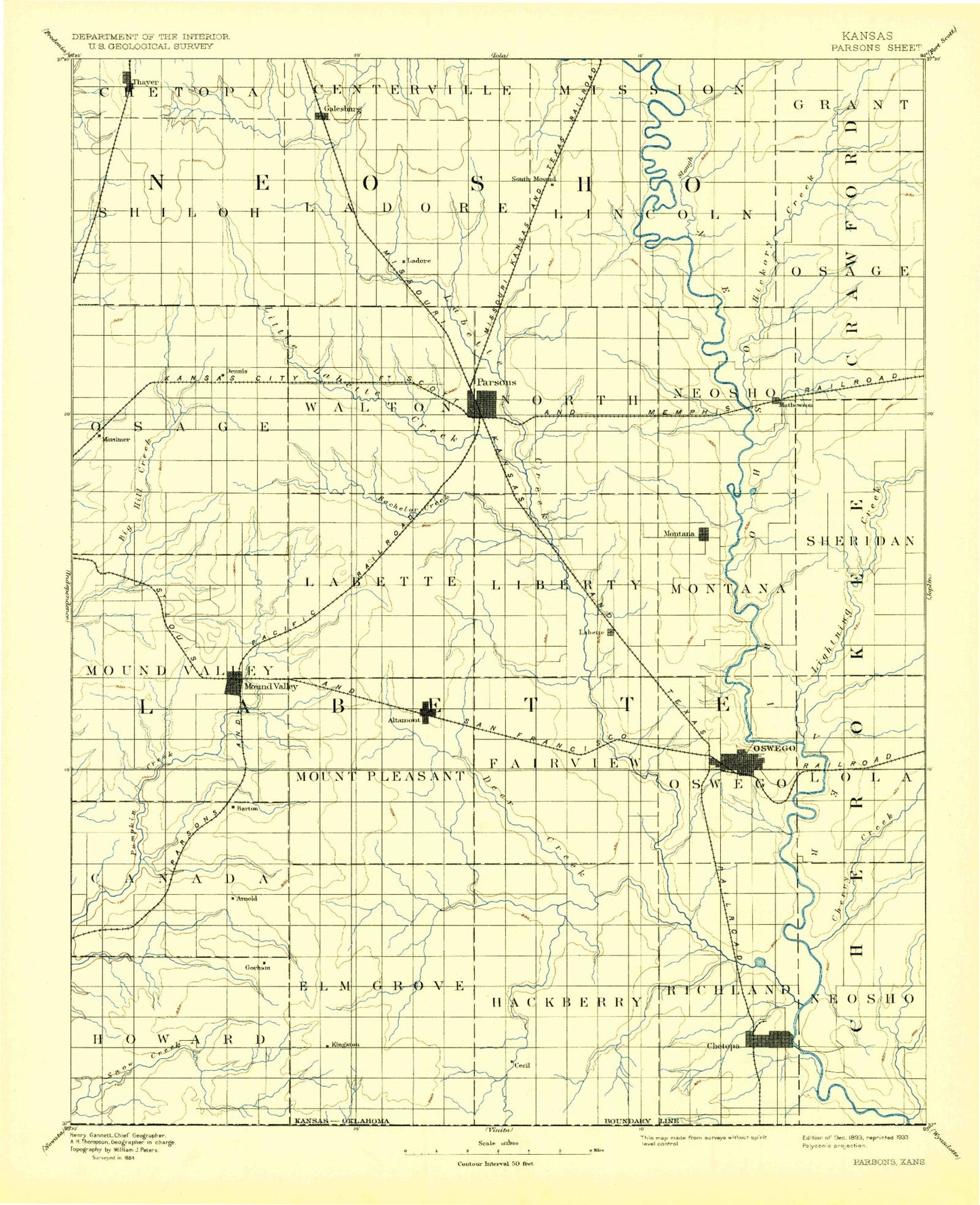 Historic 1893 Parsons Kansas 30'x30' Topo Map Image