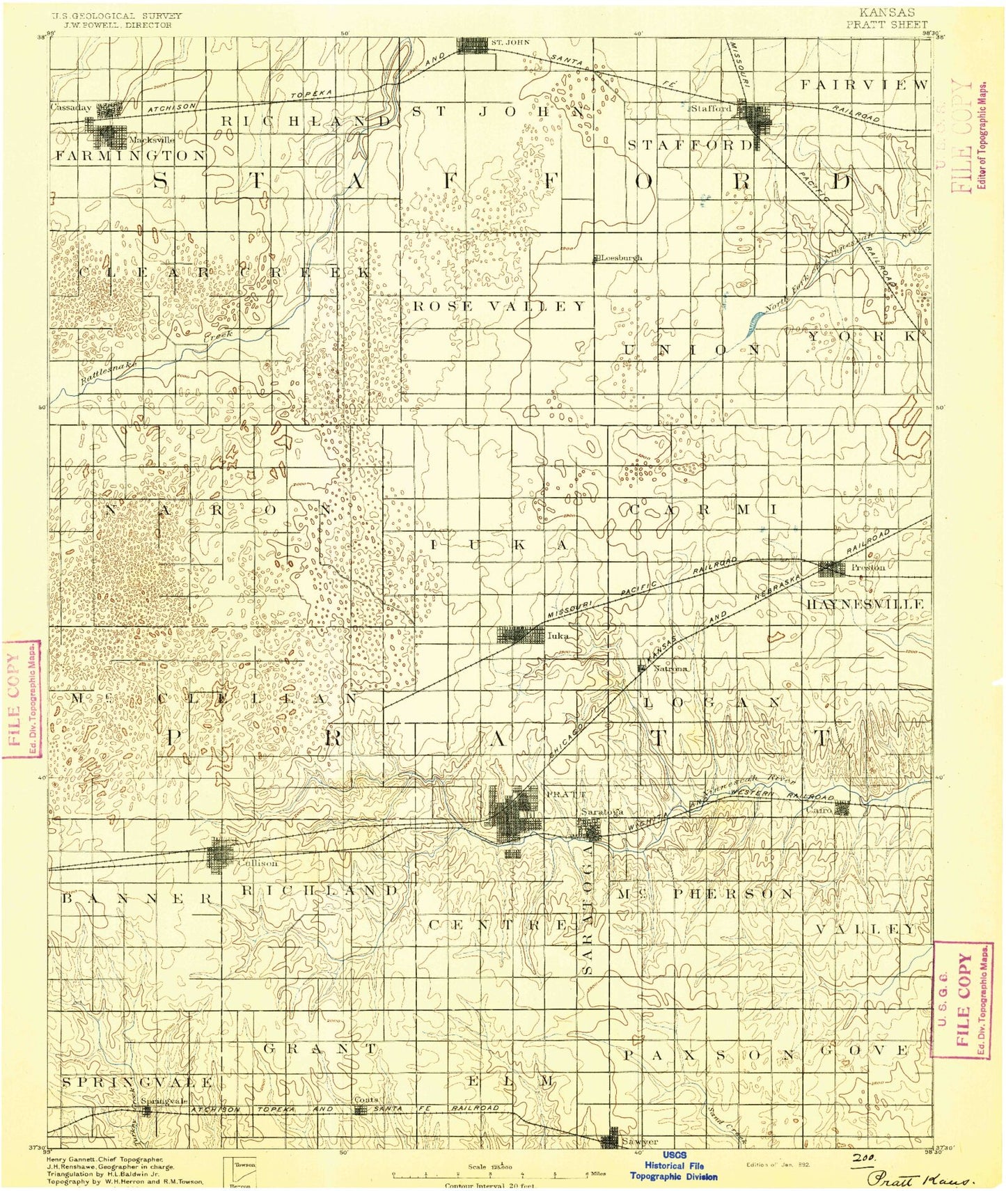 Historic 1892 Pratt Kansas 30'x30' Topo Map Image