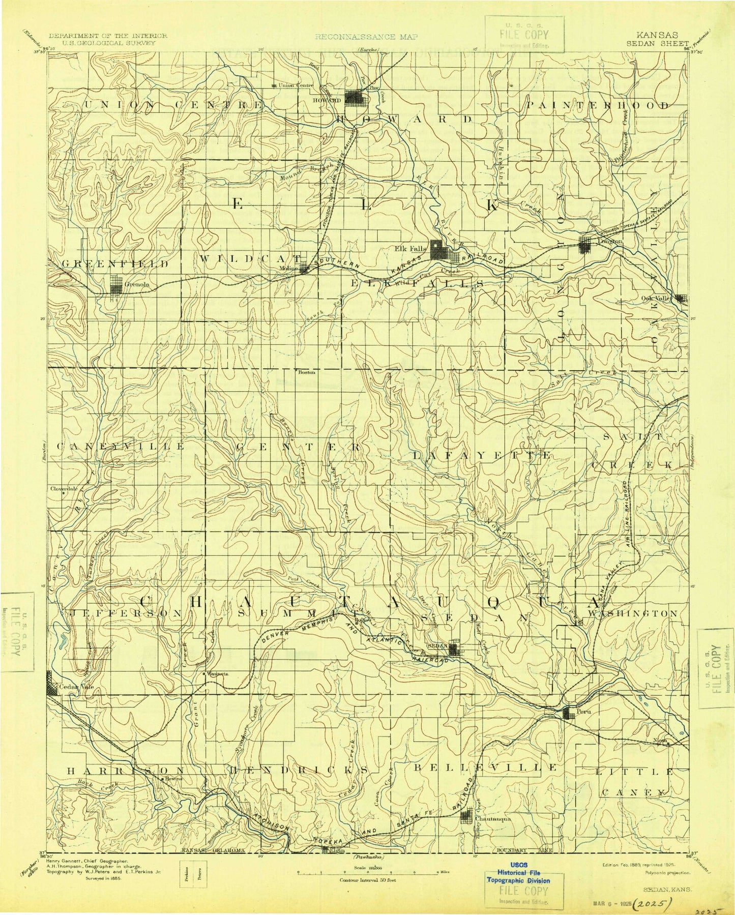 Historic 1889 Sedan Kansas 30'x30' Topo Map Image