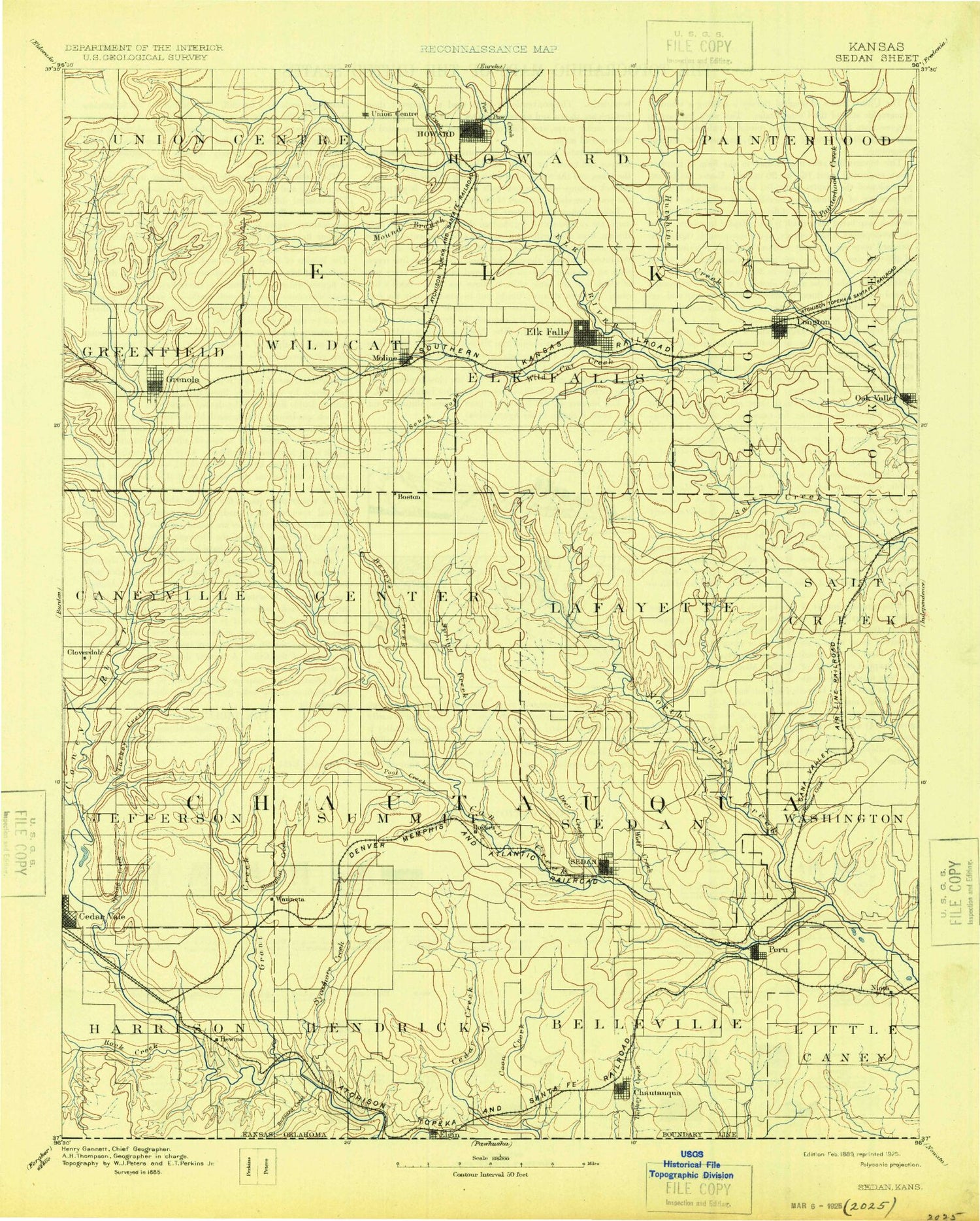 Historic 1889 Sedan Kansas 30'x30' Topo Map Image