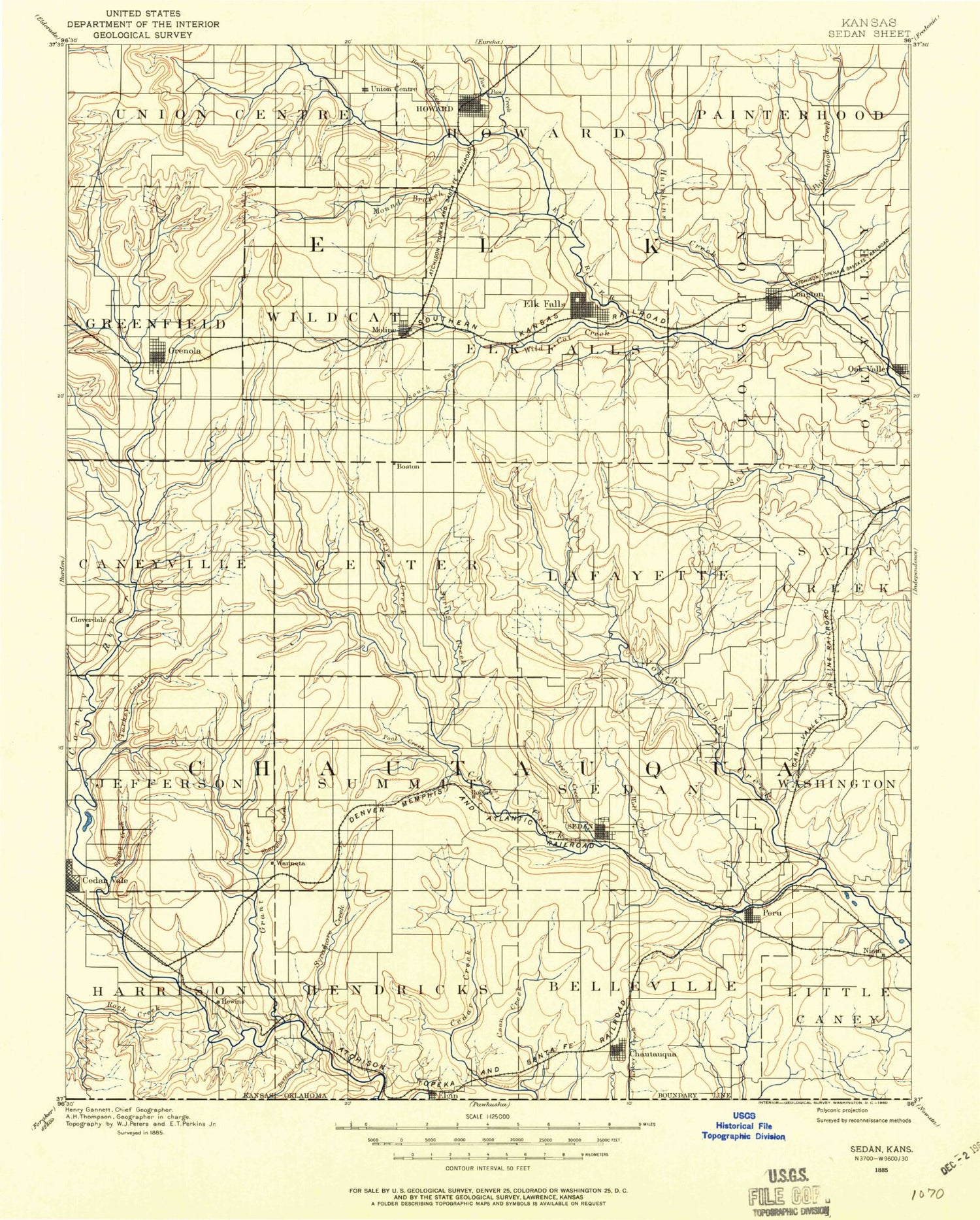 Historic 1885 Sedan Kansas 30'x30' Topo Map Image
