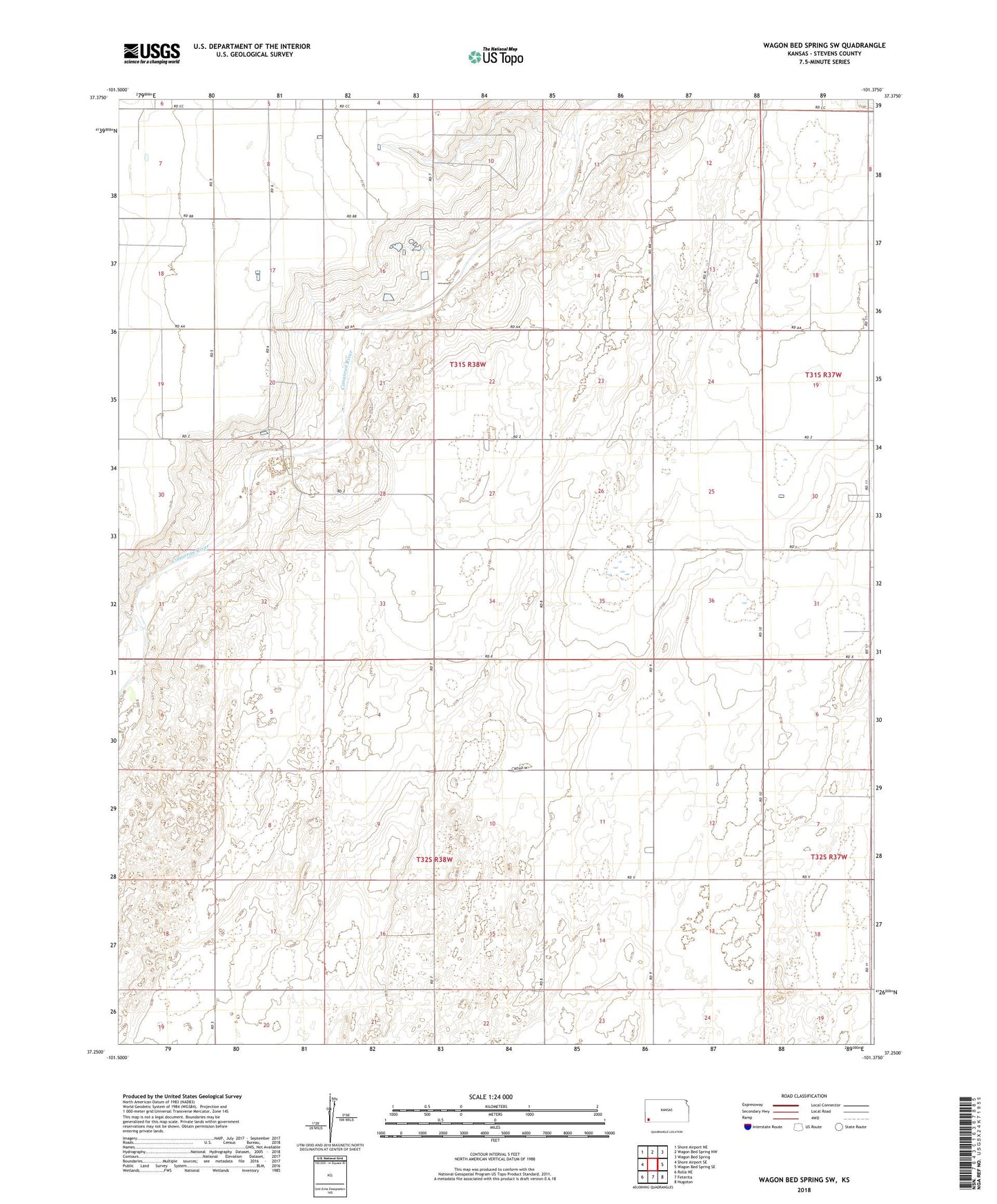 Wagon Bed Spring SW Kansas US Topo Map Image