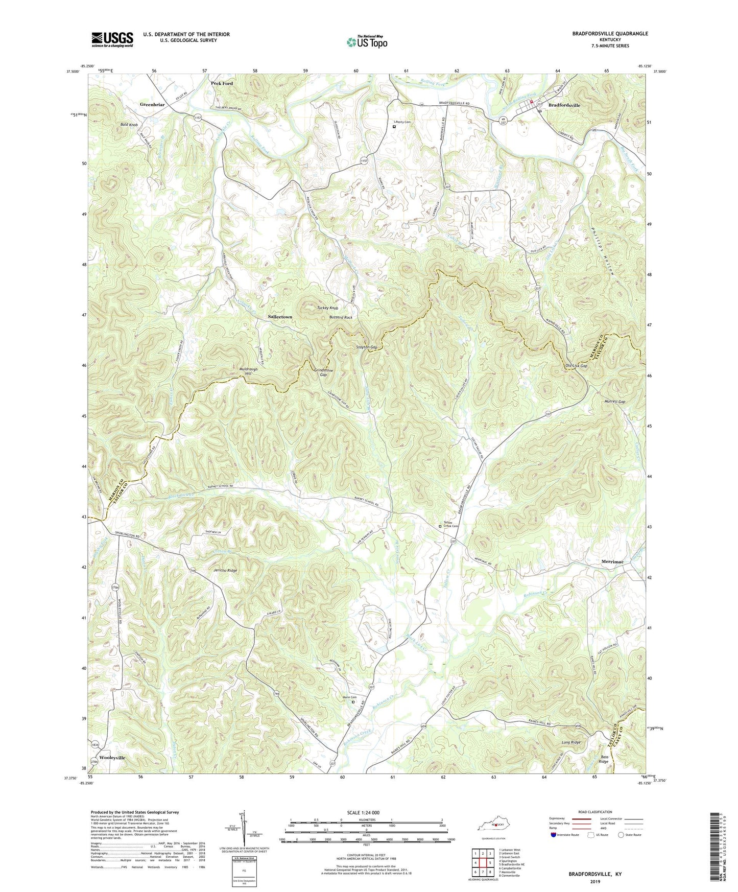 Bradfordsville Kentucky US Topo Map Image