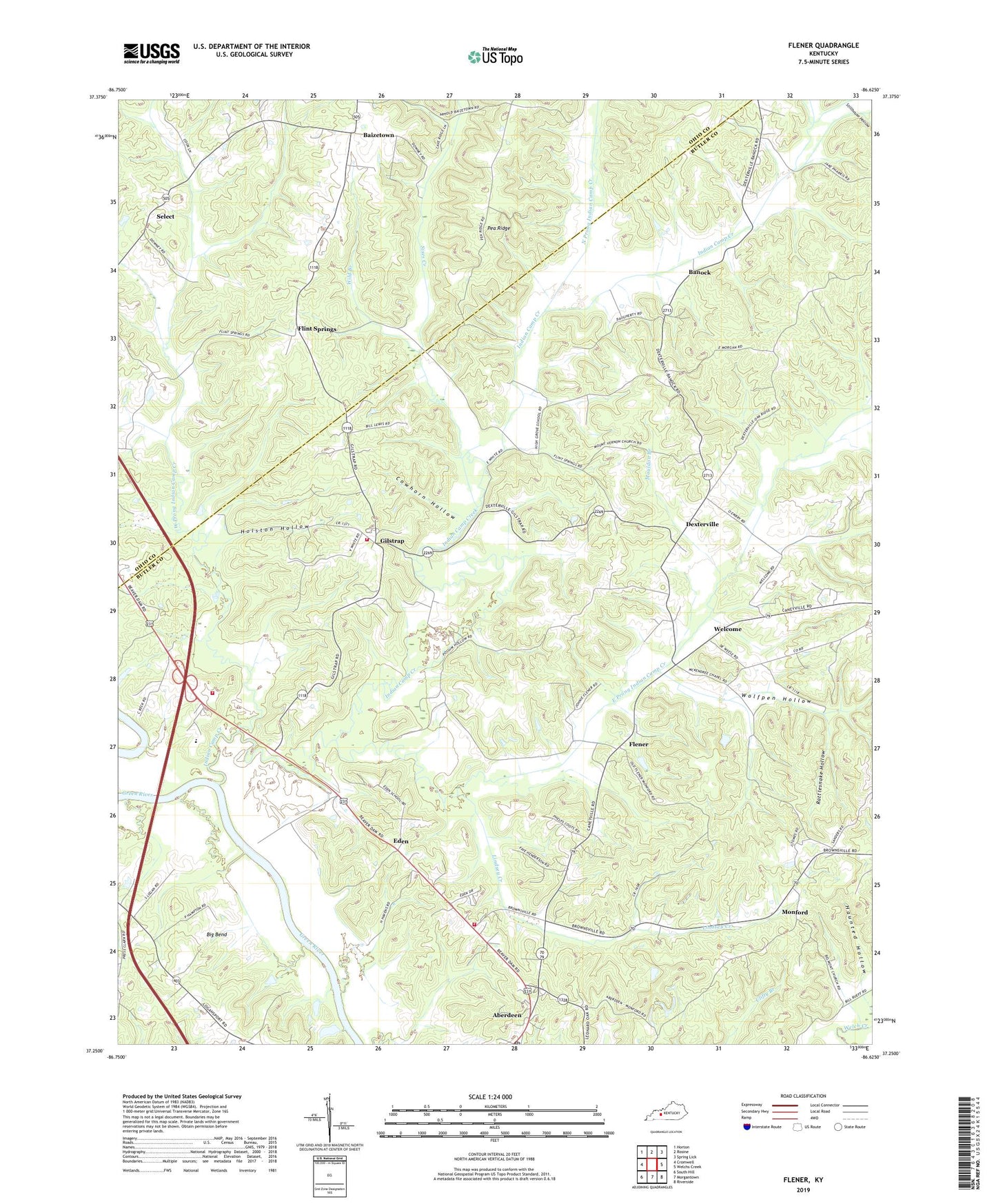 Flener Kentucky US Topo Map Image