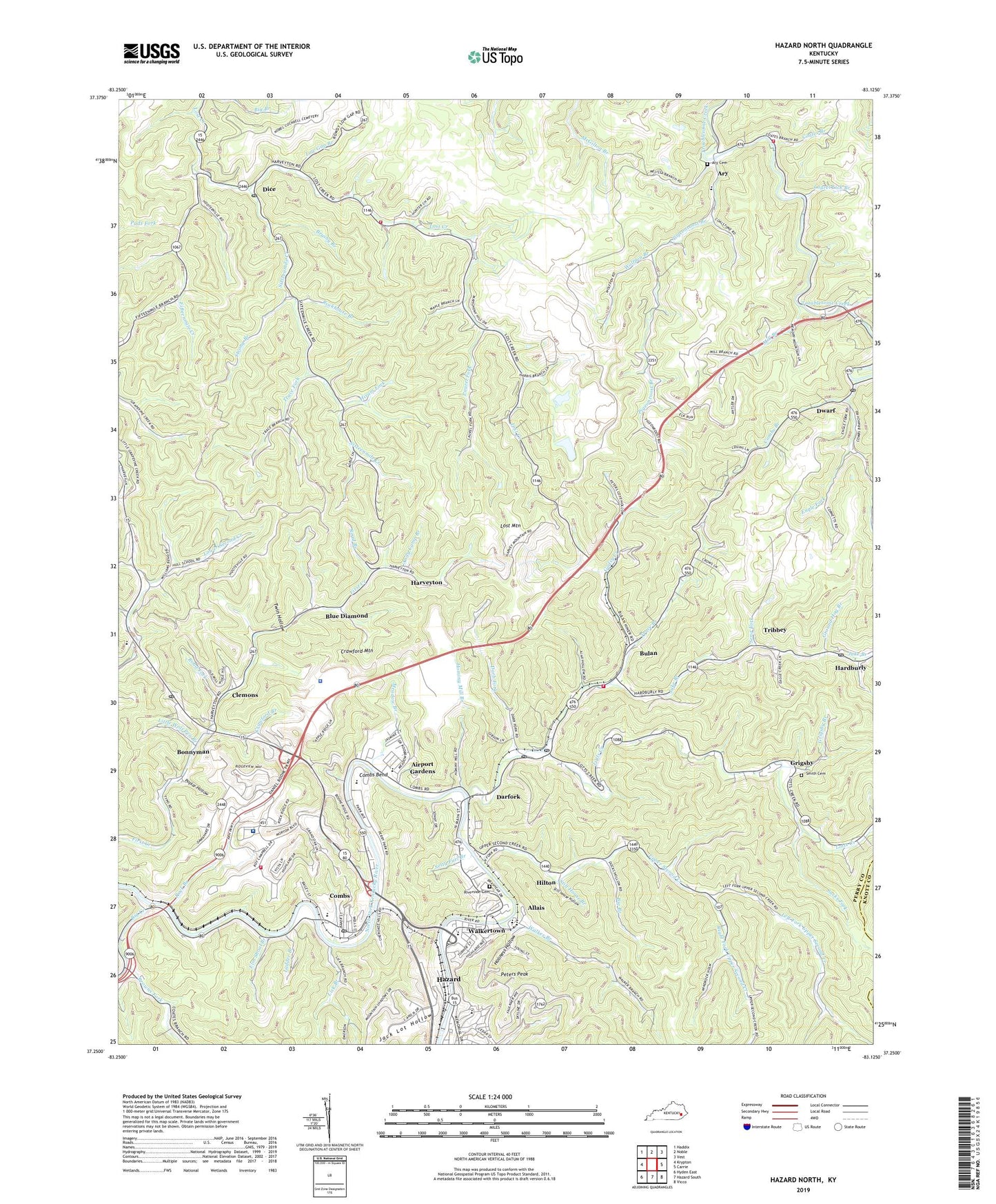 Hazard North Kentucky US Topo Map Image