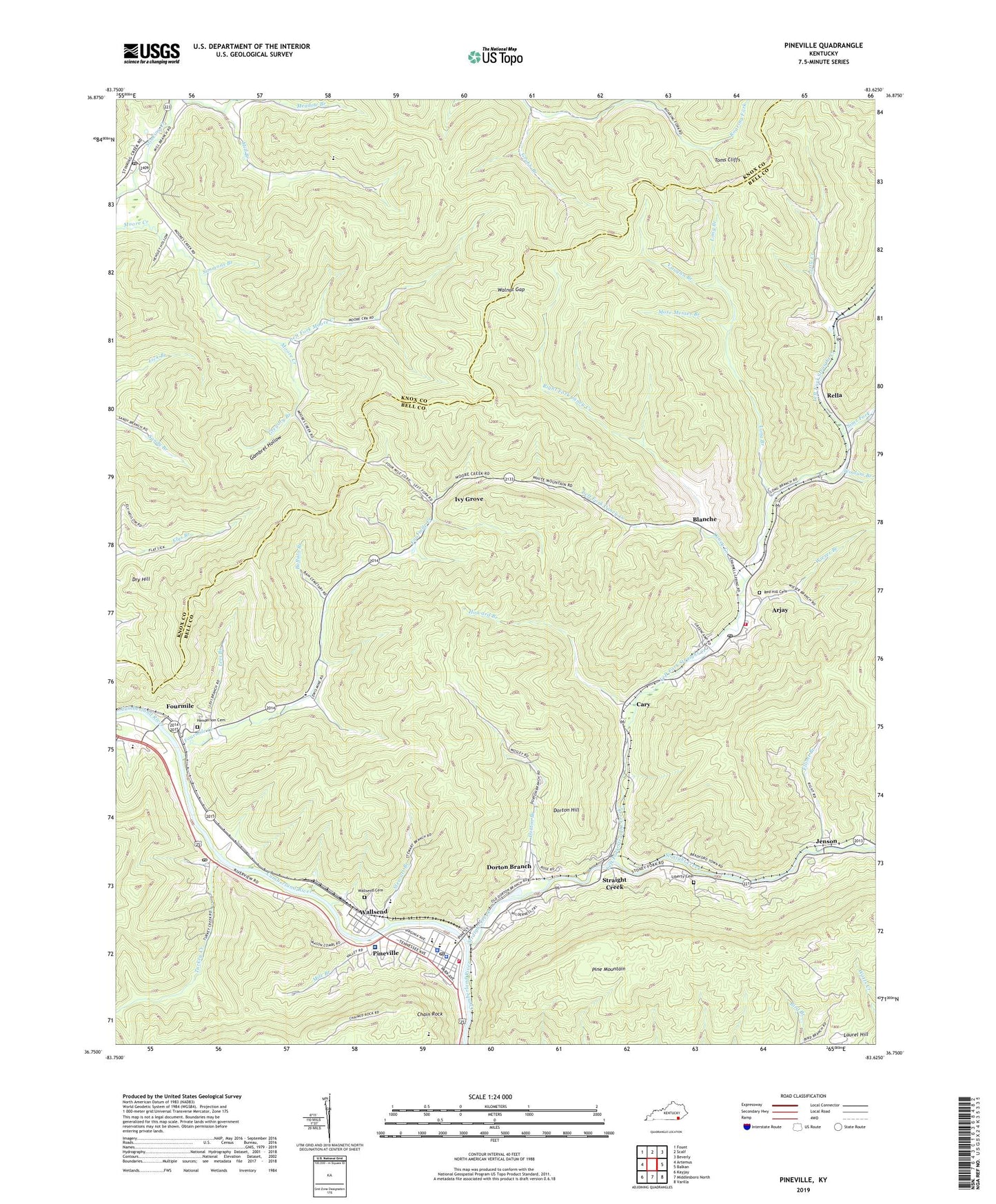 Pineville Kentucky US Topo Map Image