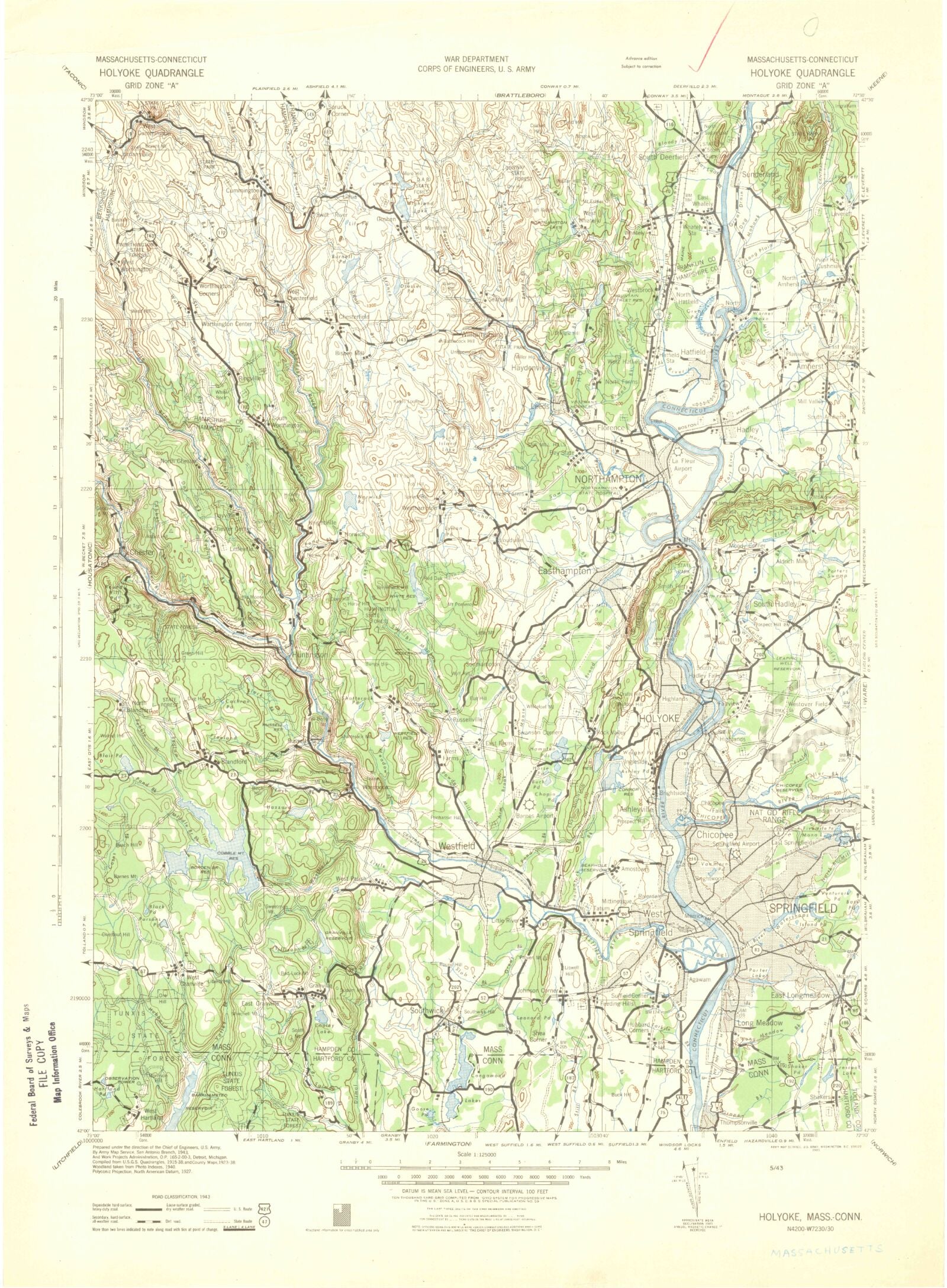Historic 1943 Holyoke Massachusetts 30'x30' Topo Map – MyTopo Map