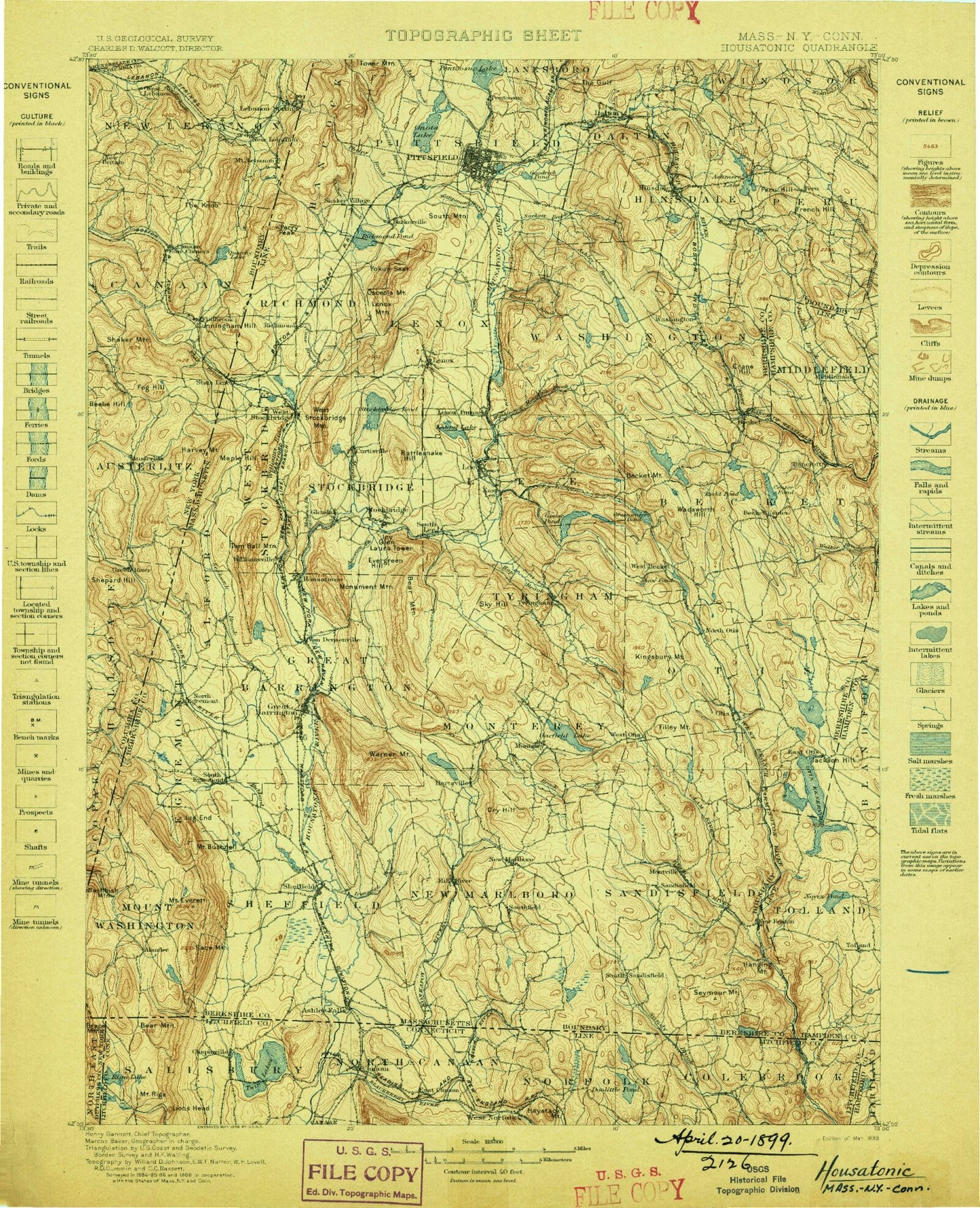 Historic 1899 Housatonic Massachusetts 30'x30' Topo Map Image