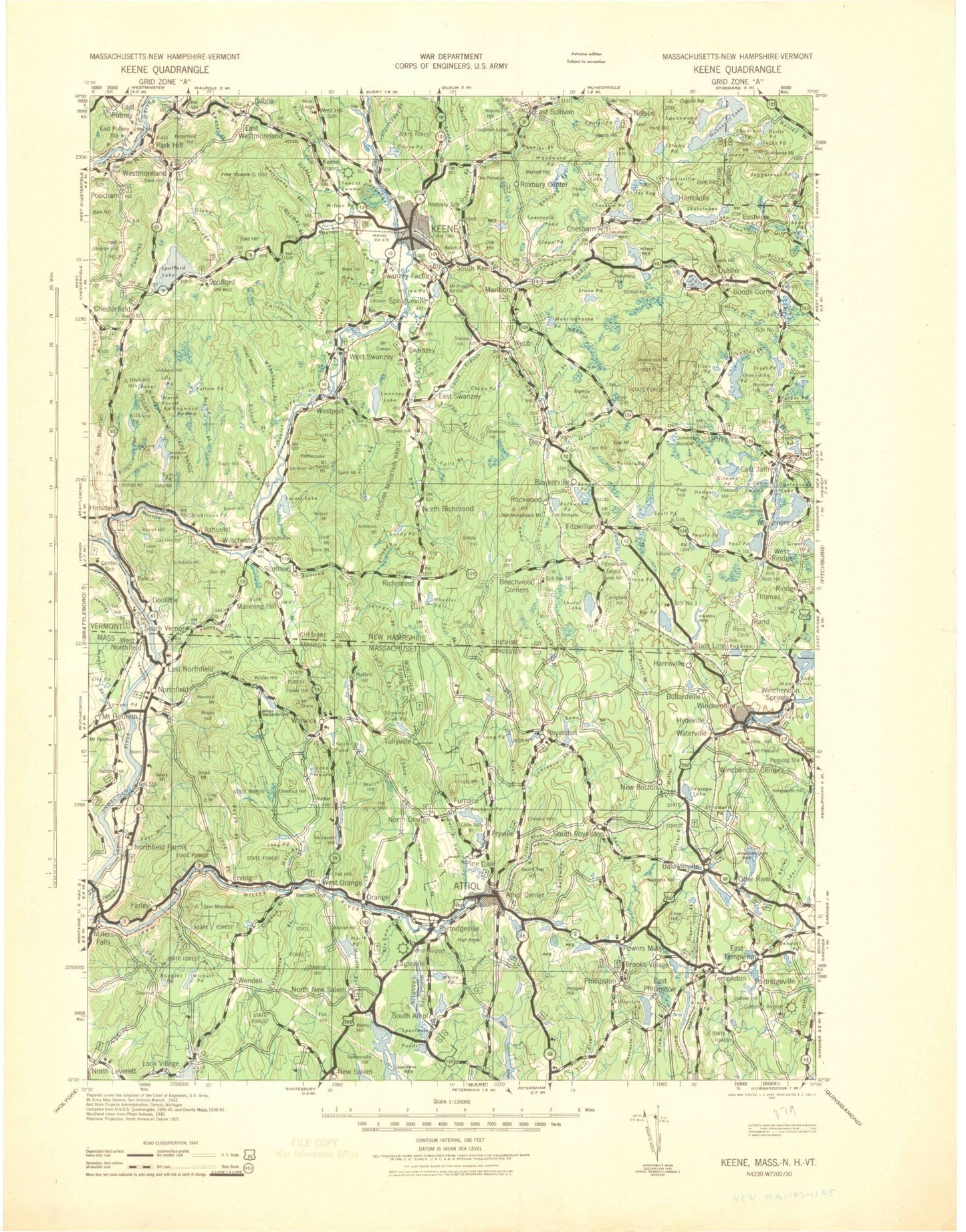 Historic 1942 Keene New Hampshire 30'x30' Topo Map Image