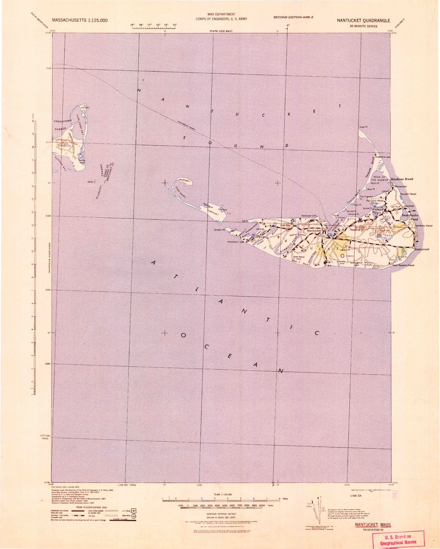 Historic 1942 Nantucket Massachusetts 30'x30' Topo Map Image