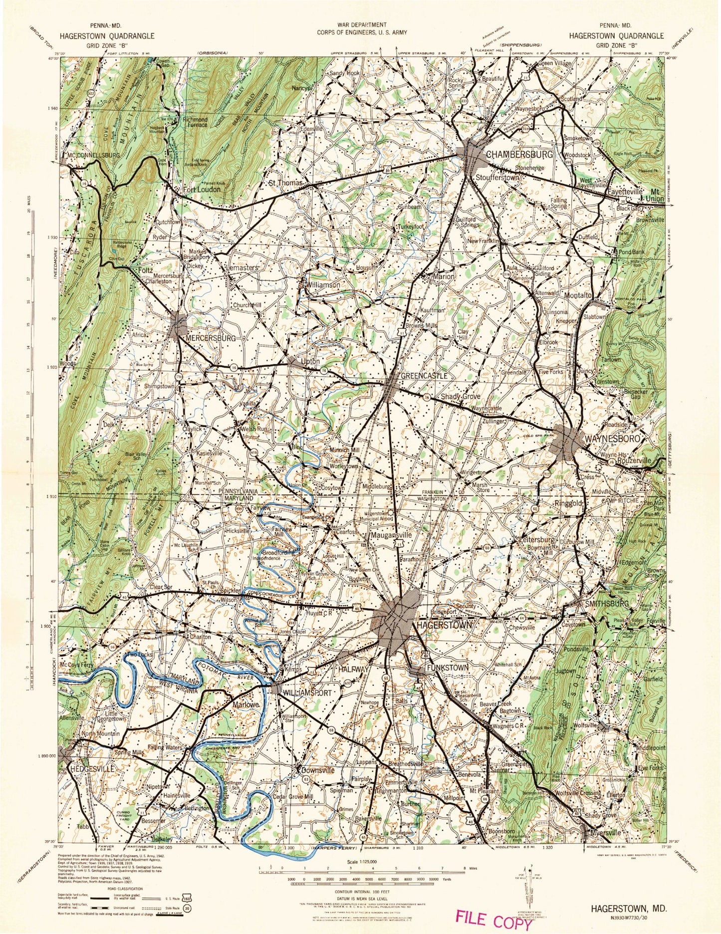 Historic 1942 Hagerstown Maryland 30'x30' Topo Map Image