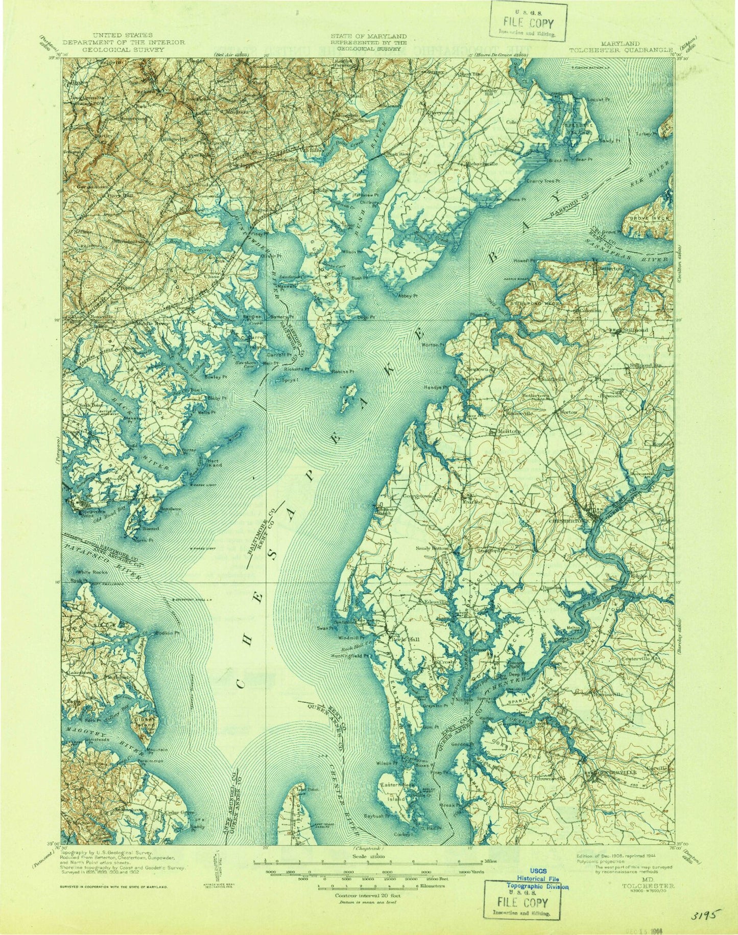 Historic 1908 Tolchester Maryland 30'x30' Topo Map Image