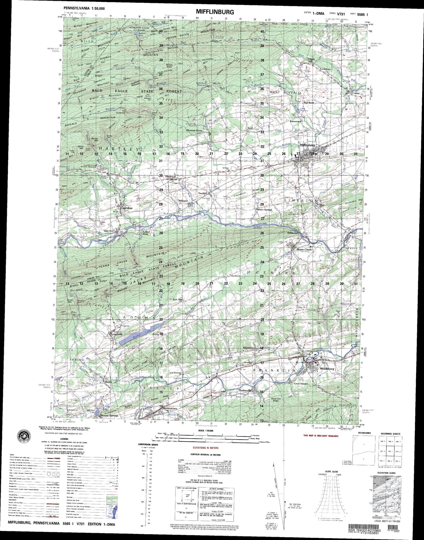 Mifflinburg Pennsylvania Military 1:50,000 Map