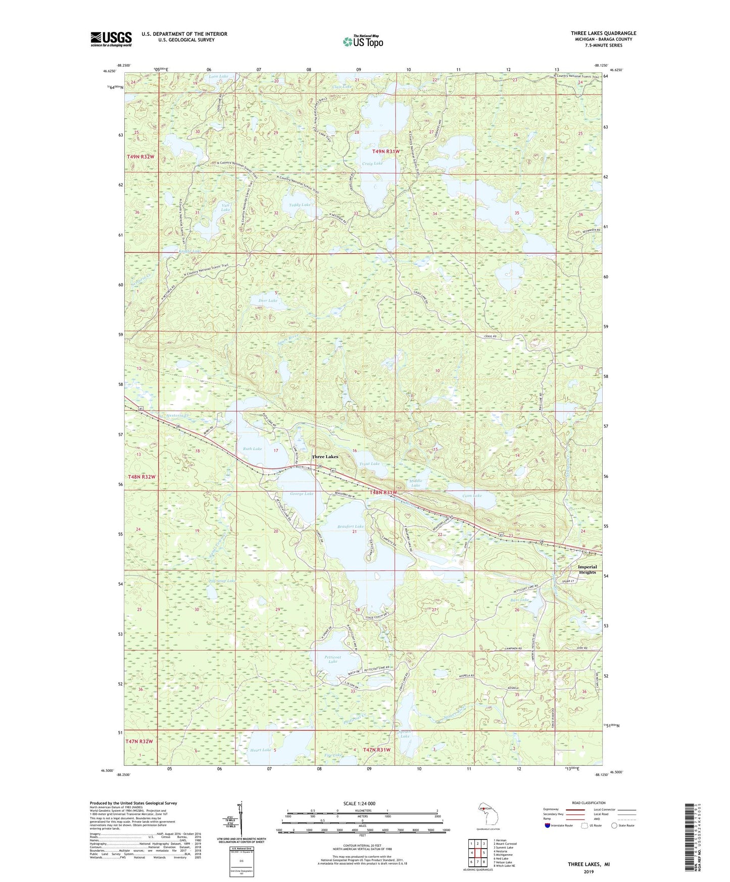 Three Lakes Michigan US Topo Map Image