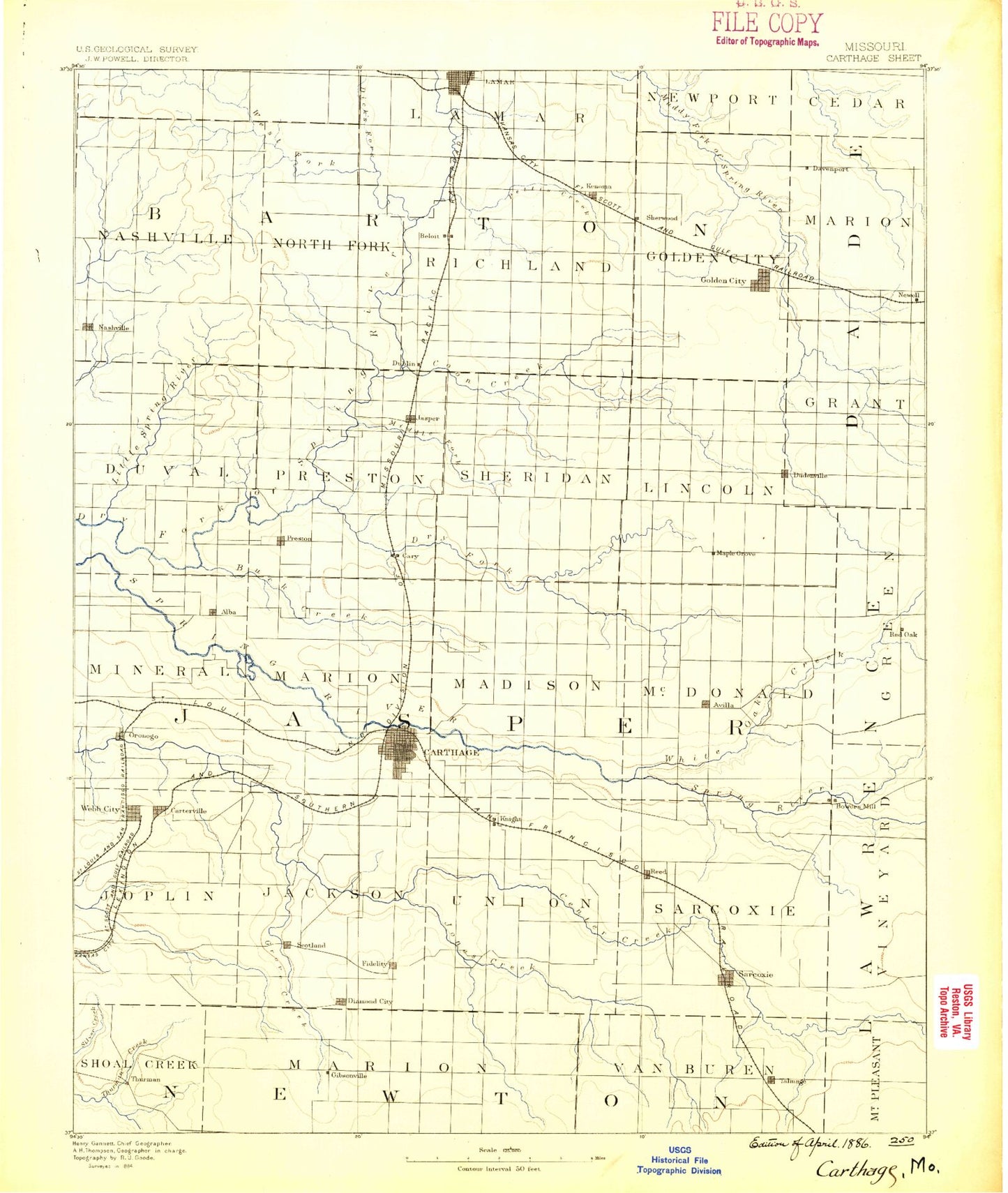 Historic 1886 Carthage Missouri 30'x30' Topo Map Image