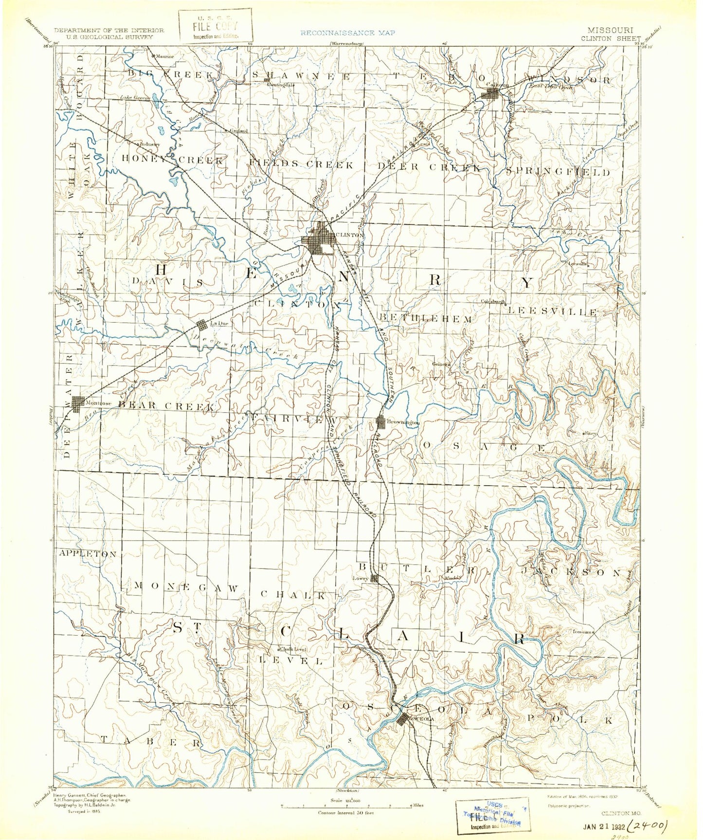 Historic 1894 Clinton Missouri 30'x30' Topo Map Image
