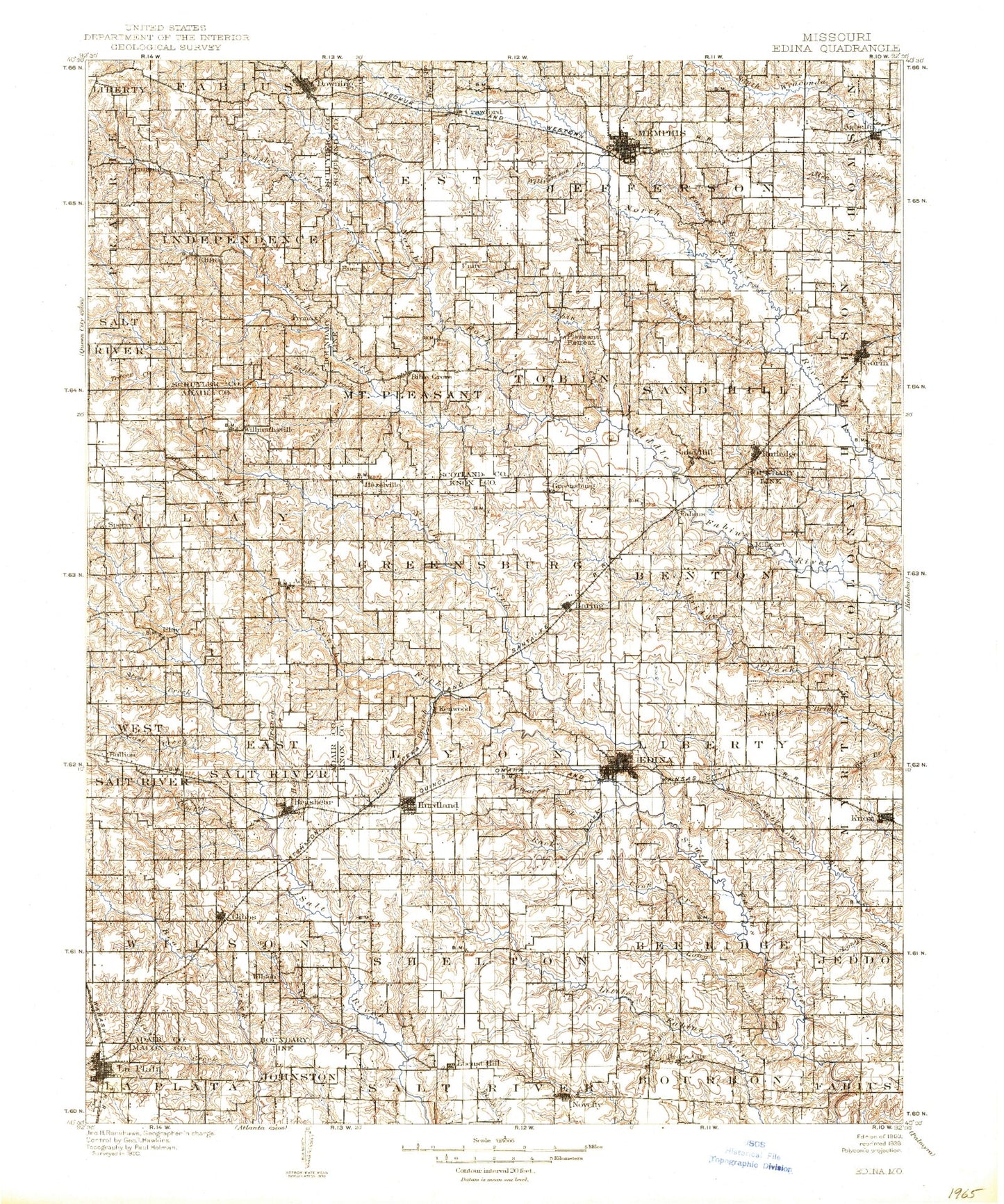 Historic 1903 Edina Missouri 30'x30' Topo Map Image