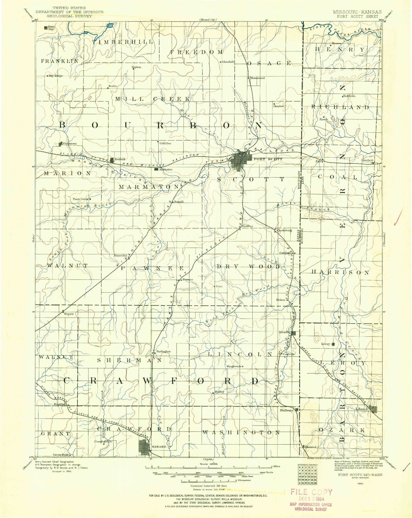 Historic 1884 Fort Scott Kansas 30'x30' Topo Map Image