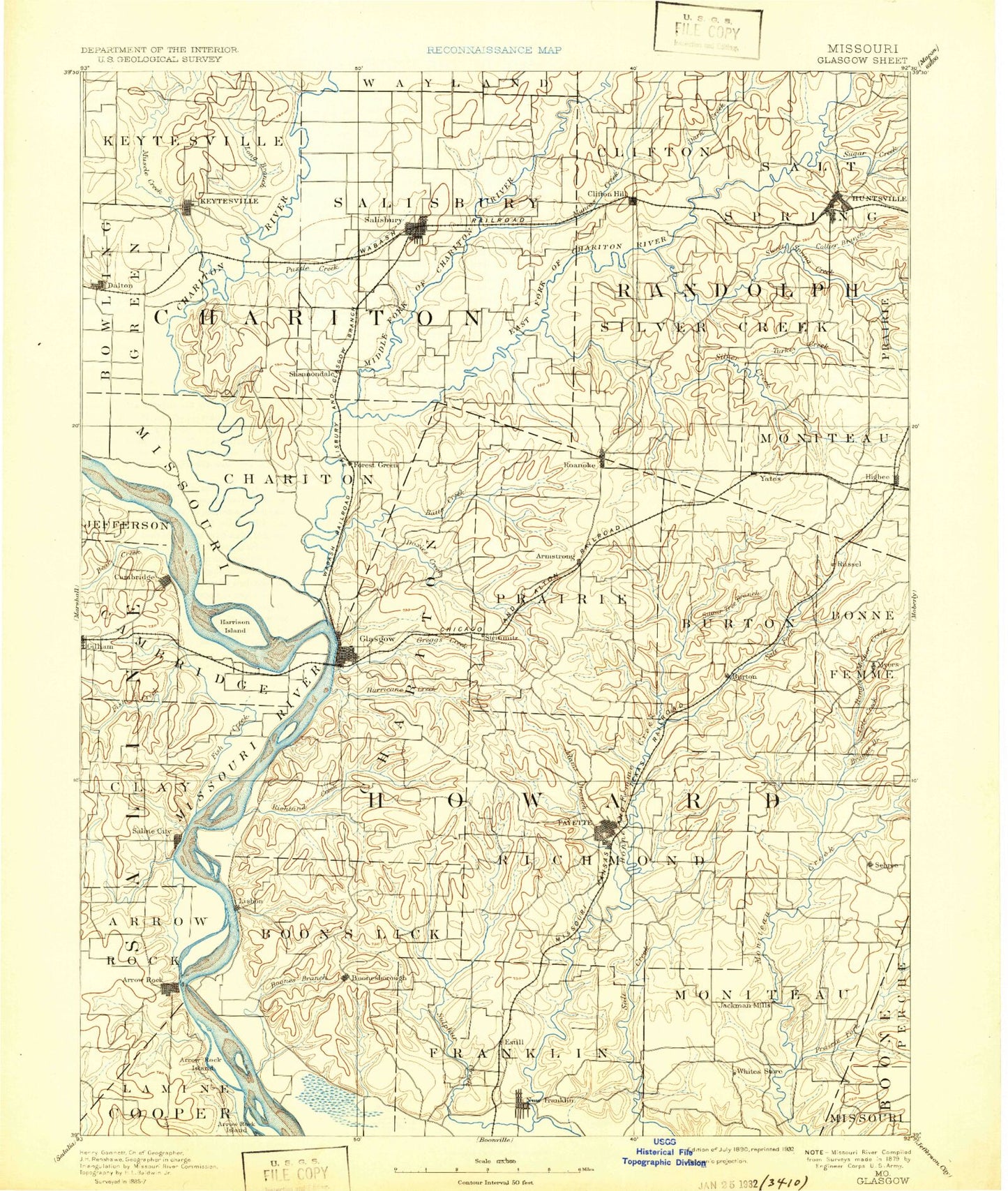 Historic 1890 Glasgow Missouri 30'x30' Topo Map Image