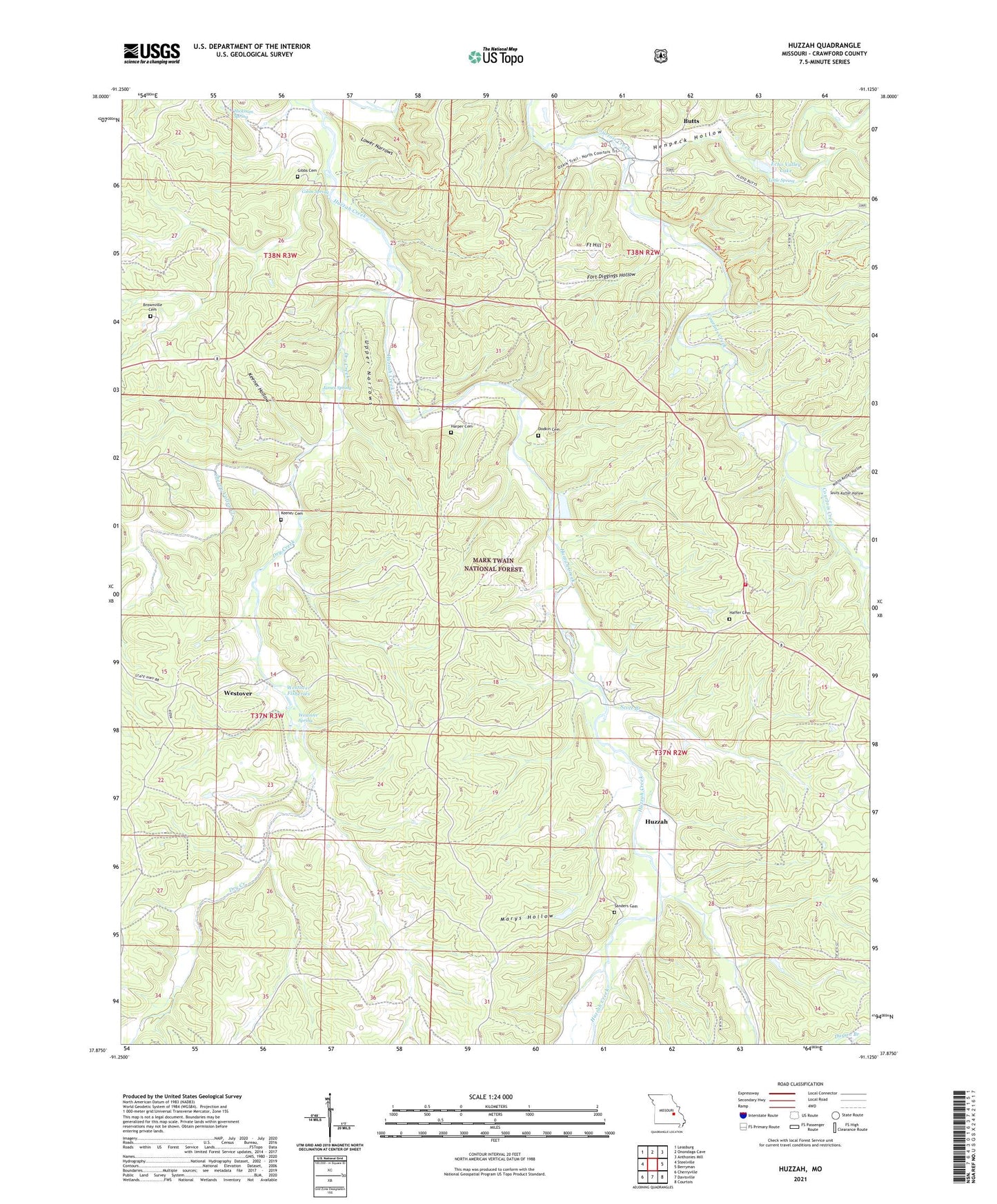Huzzah Missouri US Topo Map Image