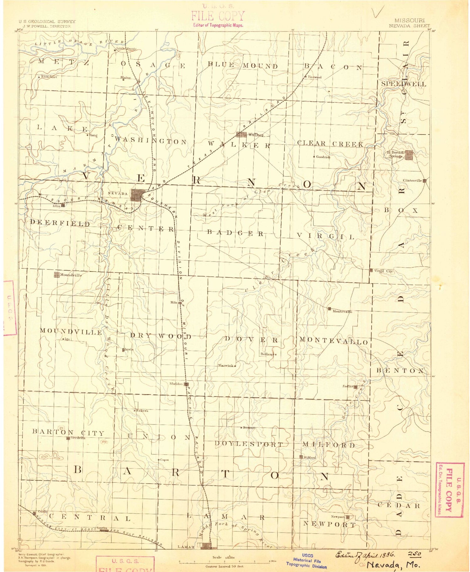 Historic 1886 Nevada Missouri 30'x30' Topo Map Image