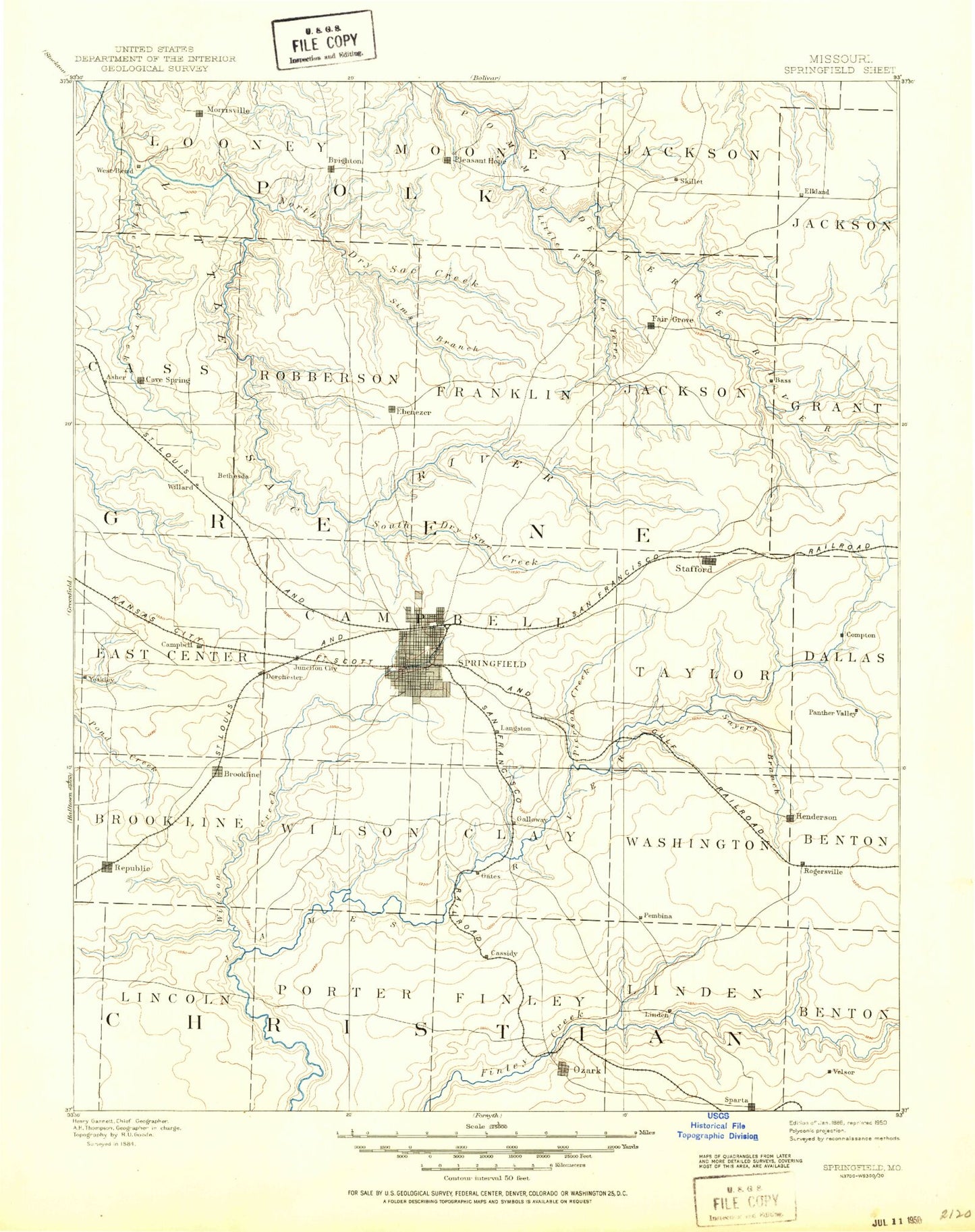 Historic 1886 Springfield Missouri 30'x30' Topo Map Image