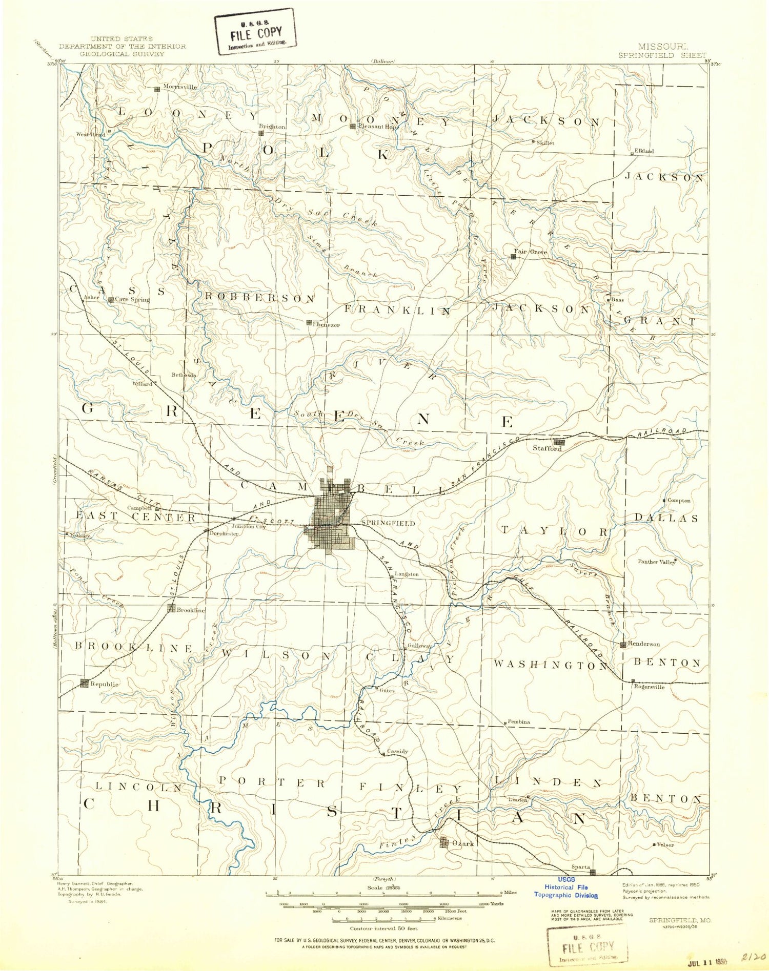 Historic 1886 Springfield Missouri 30'x30' Topo Map Image