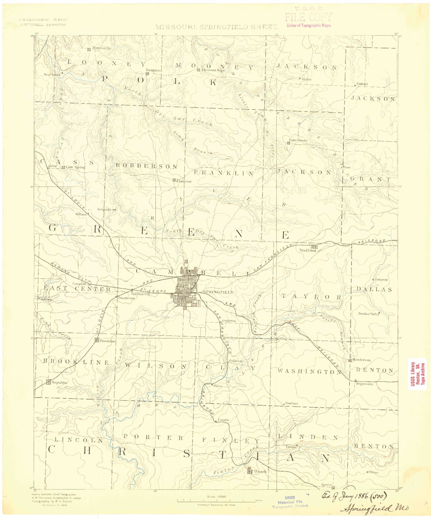 Historic 1884 Springfield Missouri 30'x30' Topo Map Image
