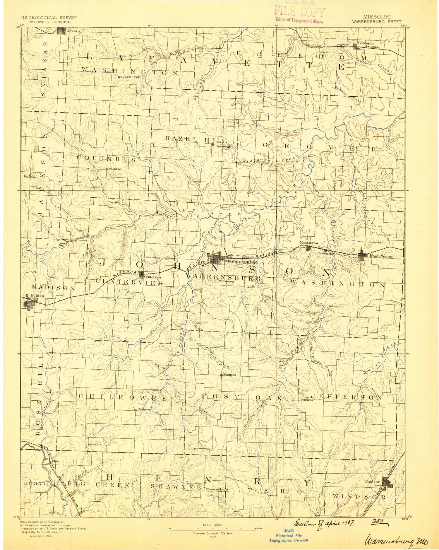 Historic 1887 Warrensburg Missouri 30'x30' Topo Map Image