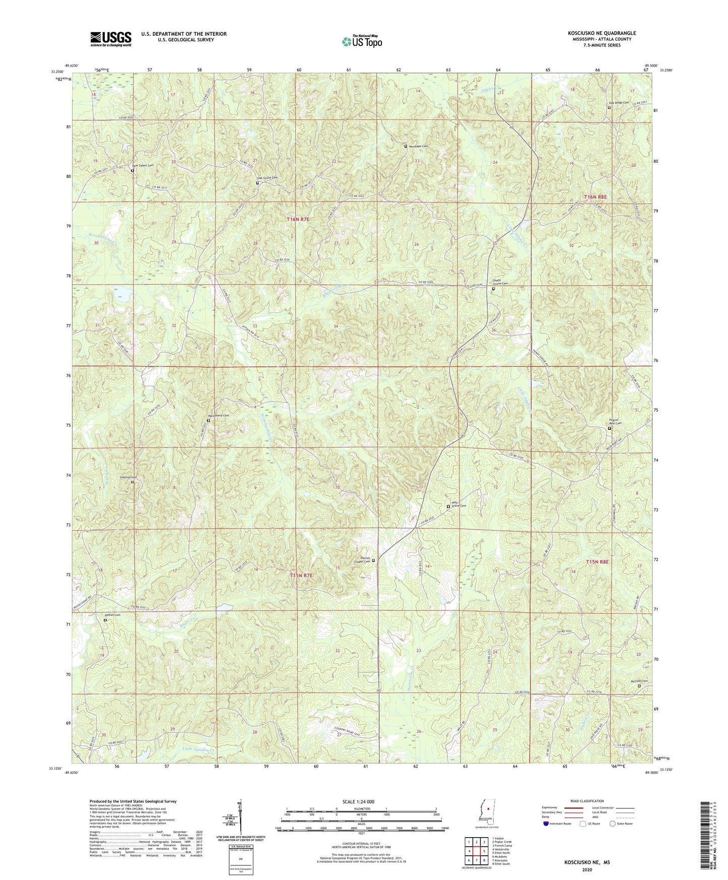 Kosciusko NE Mississippi US Topo Map Image