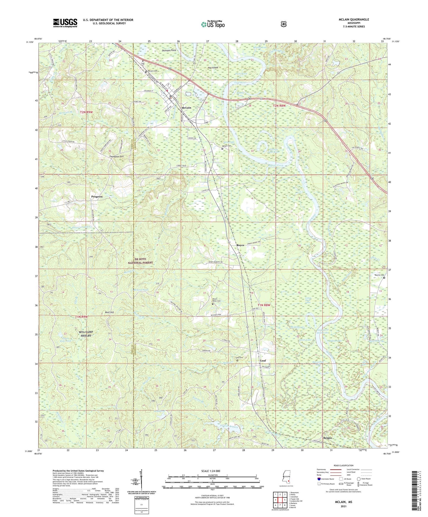 McLain Mississippi US Topo Map Image