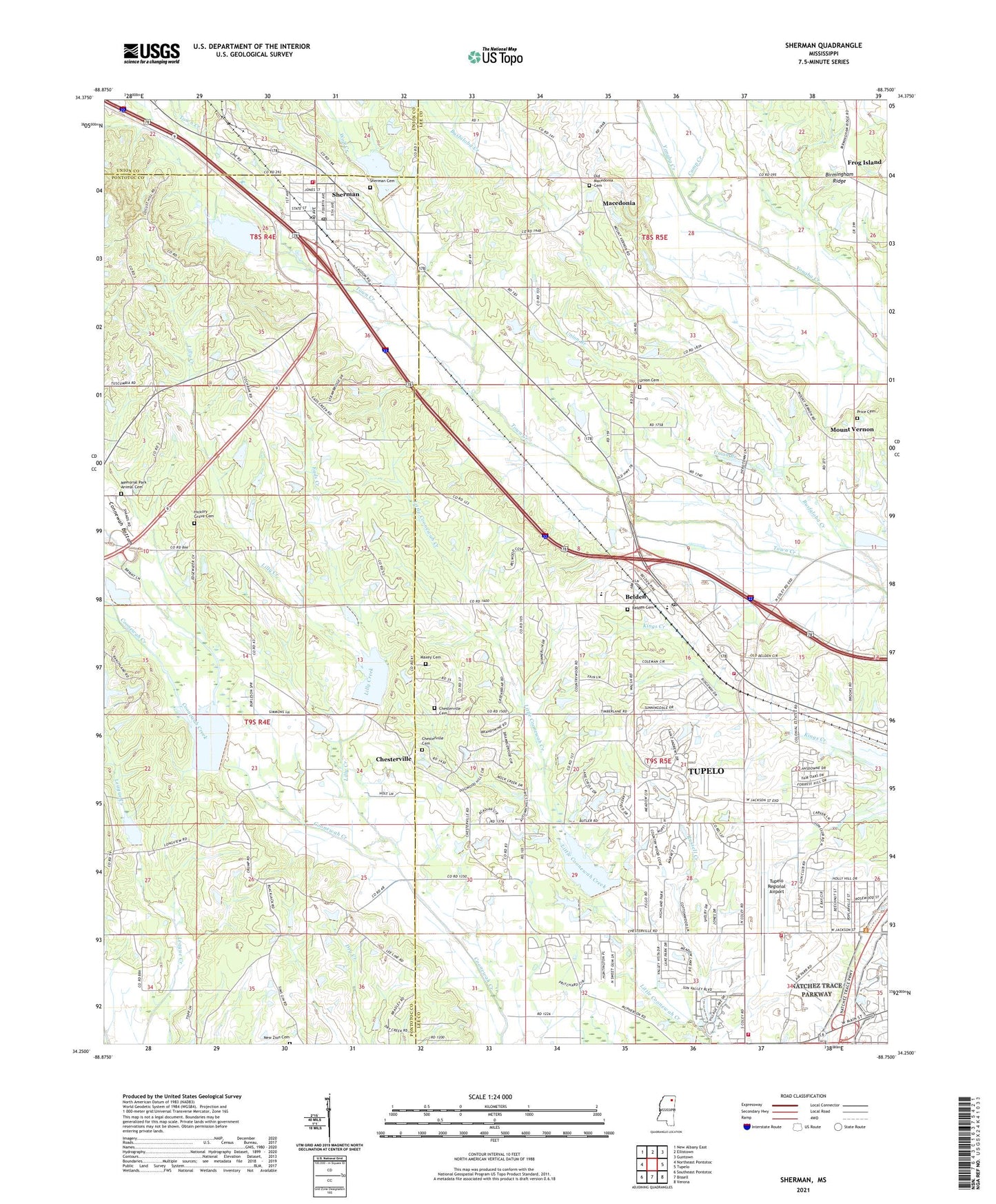 Sherman Mississippi US Topo Map Image