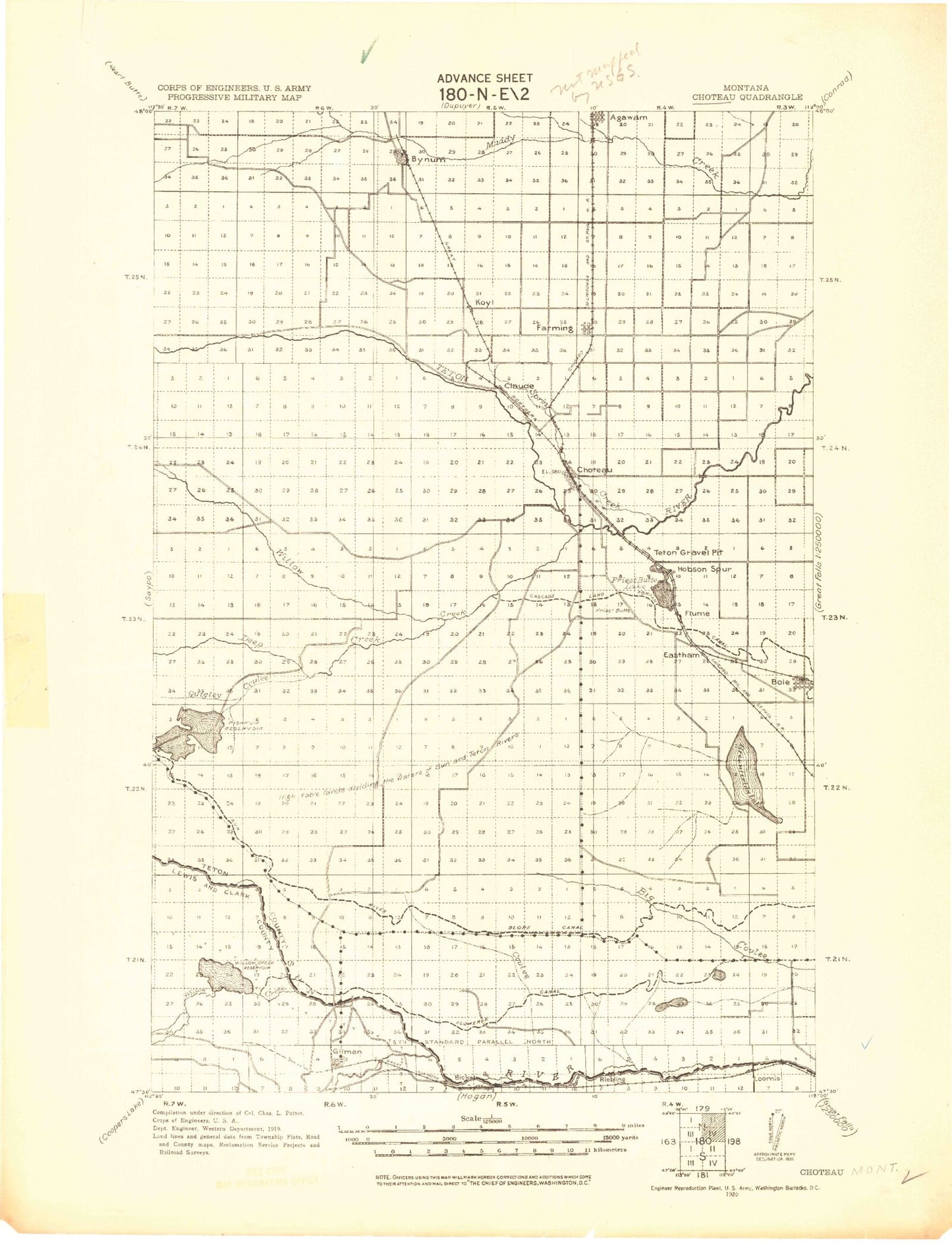 Historic 1920 Choteau Montana 30'x30' Topo Map Image