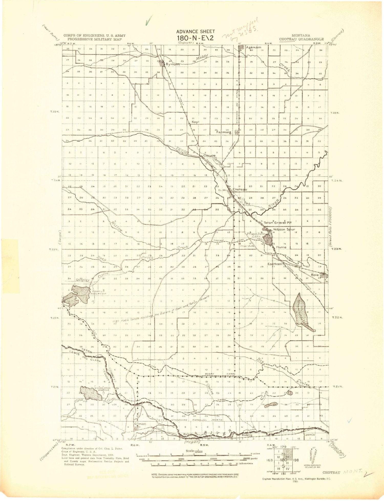 Historic 1920 Choteau Montana 30'x30' Topo Map Image