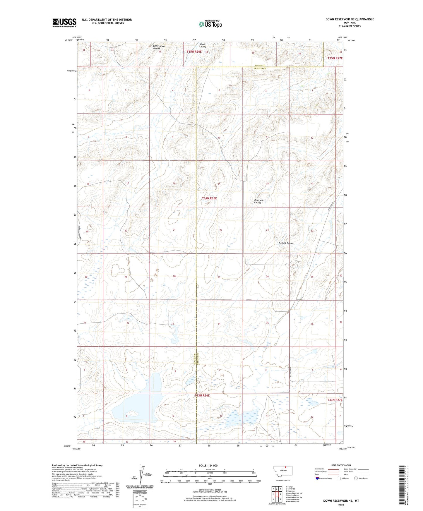 Down Reservoir NE Montana US Topo Map Image