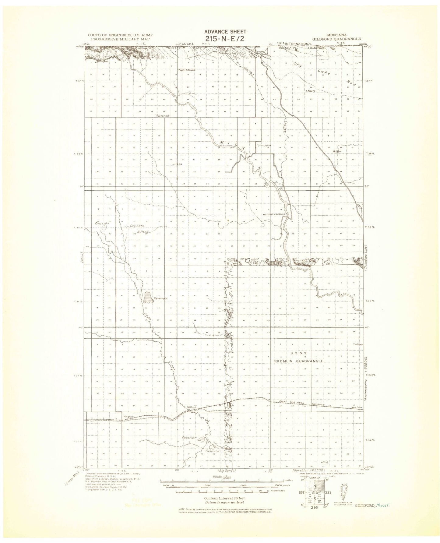 Historic 1943 Gildford Montana 30'x30' Topo Map Image