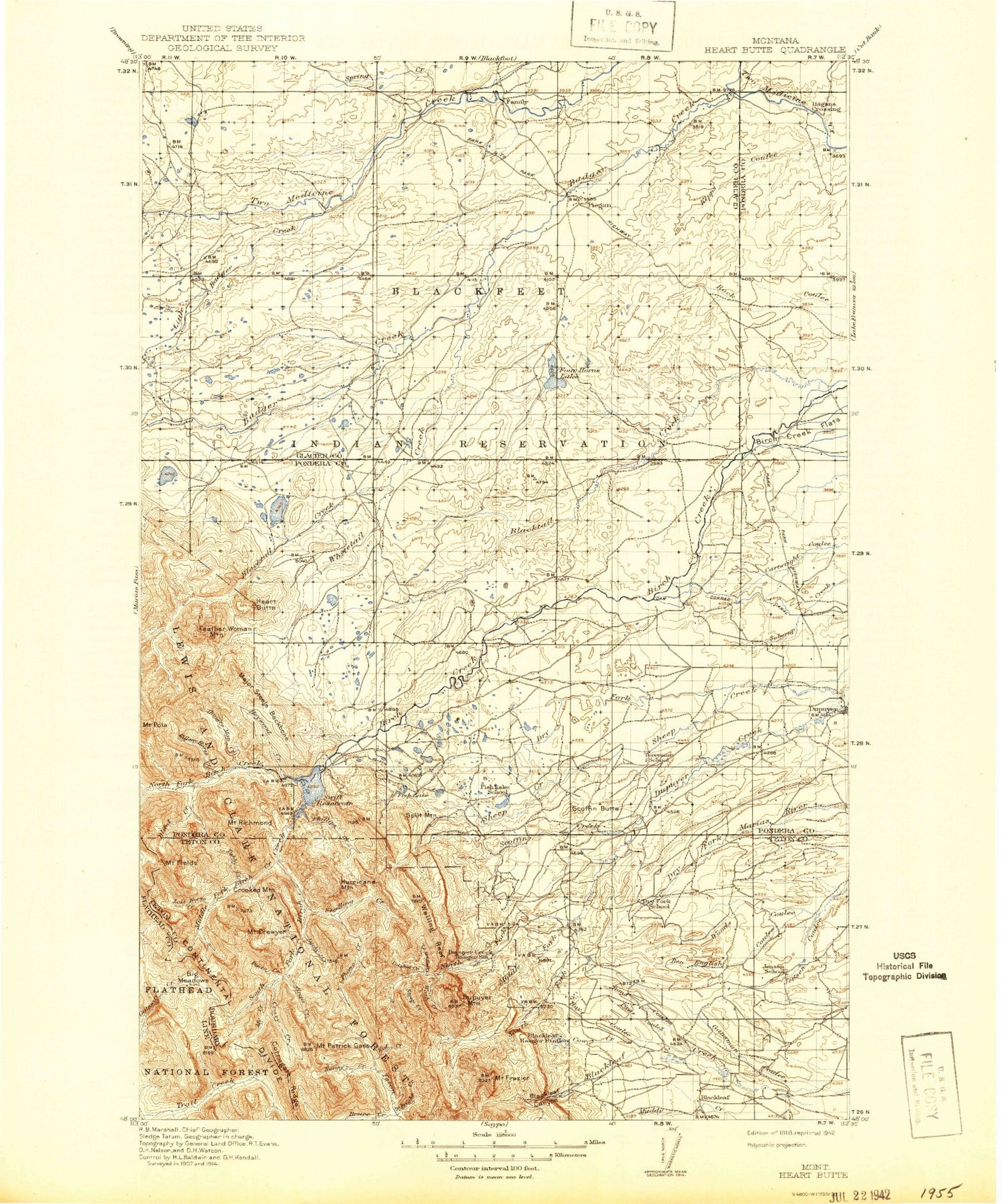 Historic 1918 Heart Butte Montana 30'x30' Topo Map Image