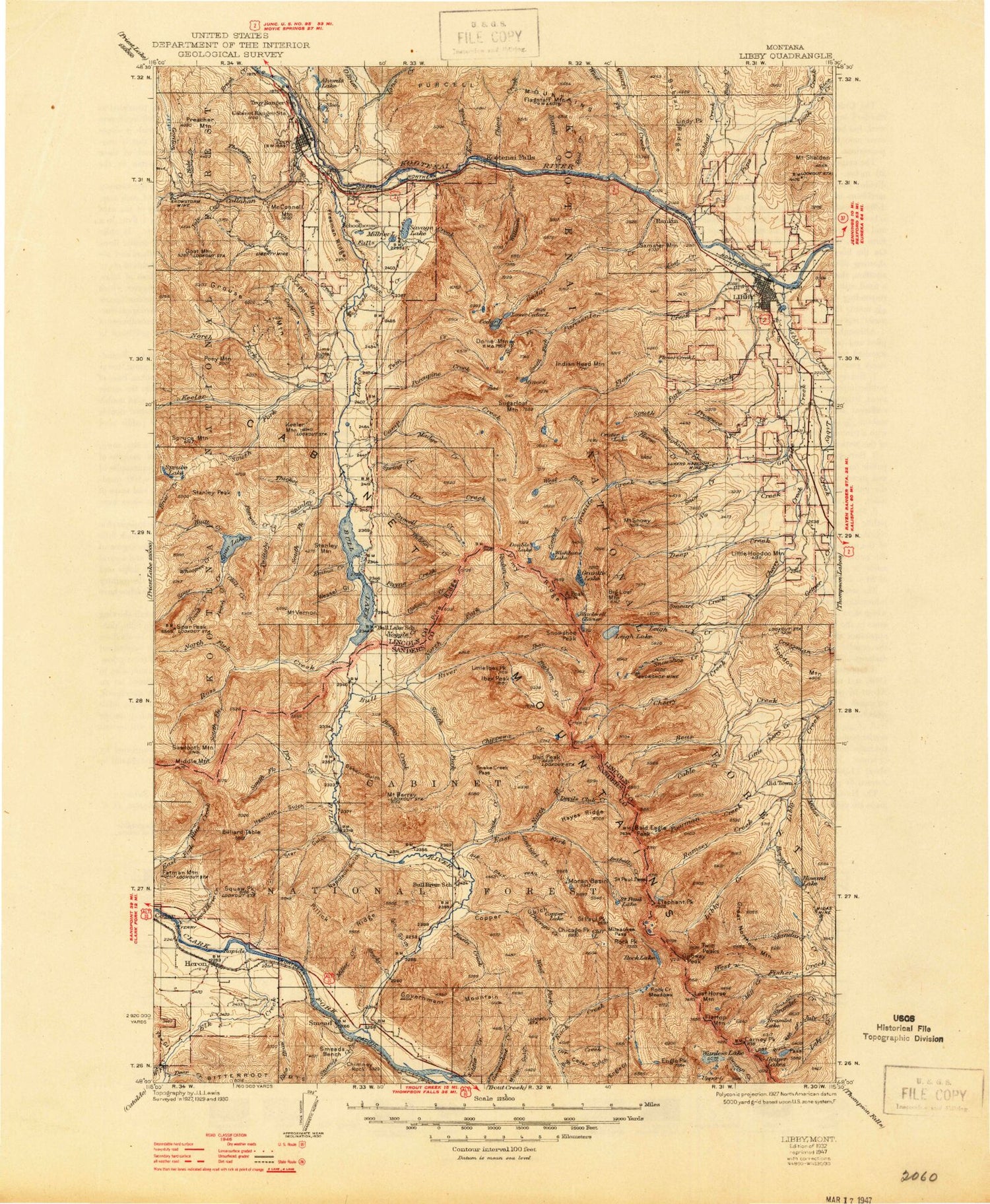 Historic 1932 Libby Montana 30'x30' Topo Map Image